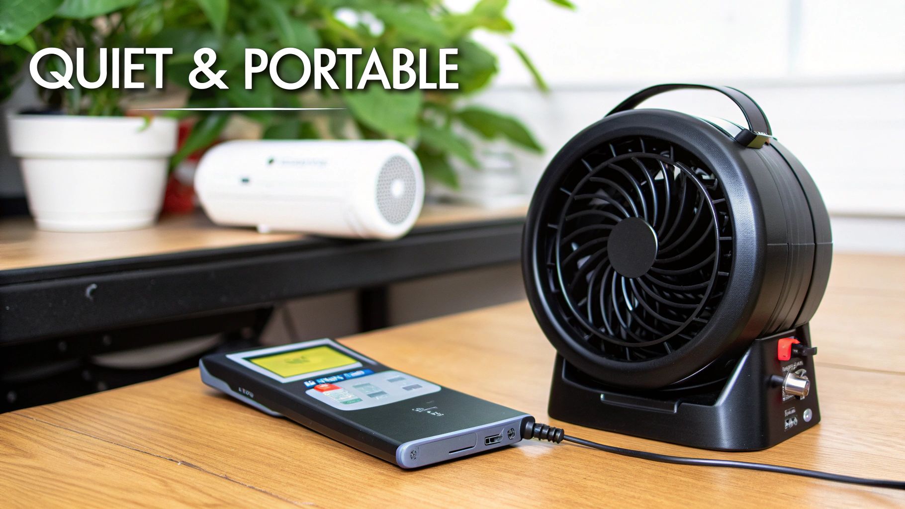 A black portable fan and a digital meter on a wooden table with a white speaker.