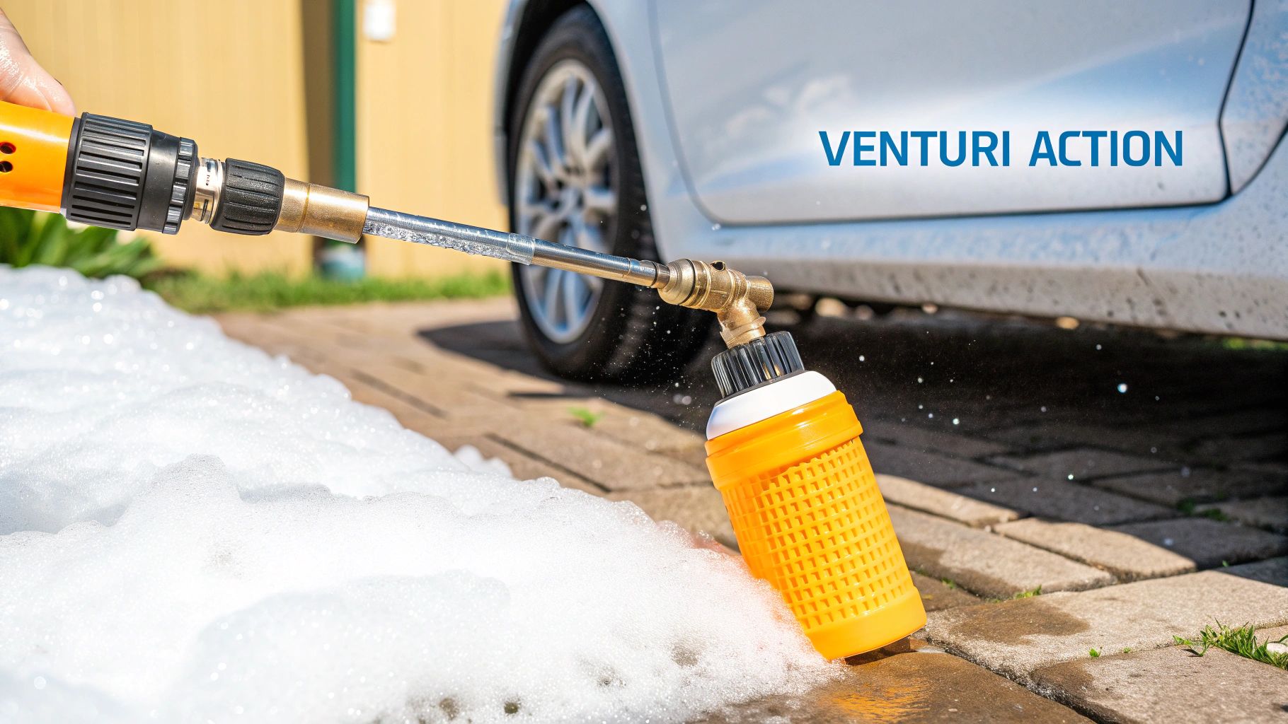 A person uses a pressure washer with an orange foam cannon to wash a white car, creating a lot of white suds on the ground.
