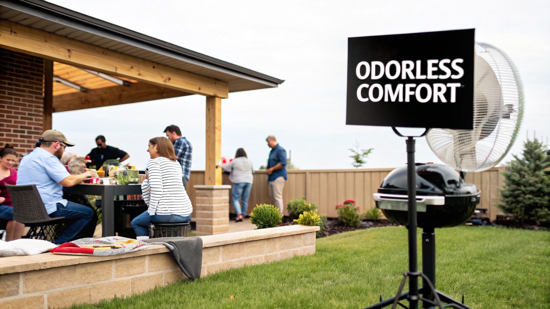 Friends enjoying a meal on a patio with the OFF! Insect Repellent Fan on the table.