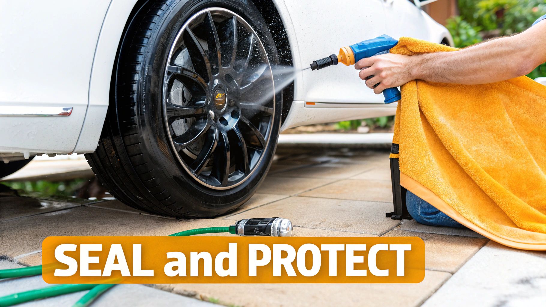 Clean, shiny rim being dried with a blue microfiber towel