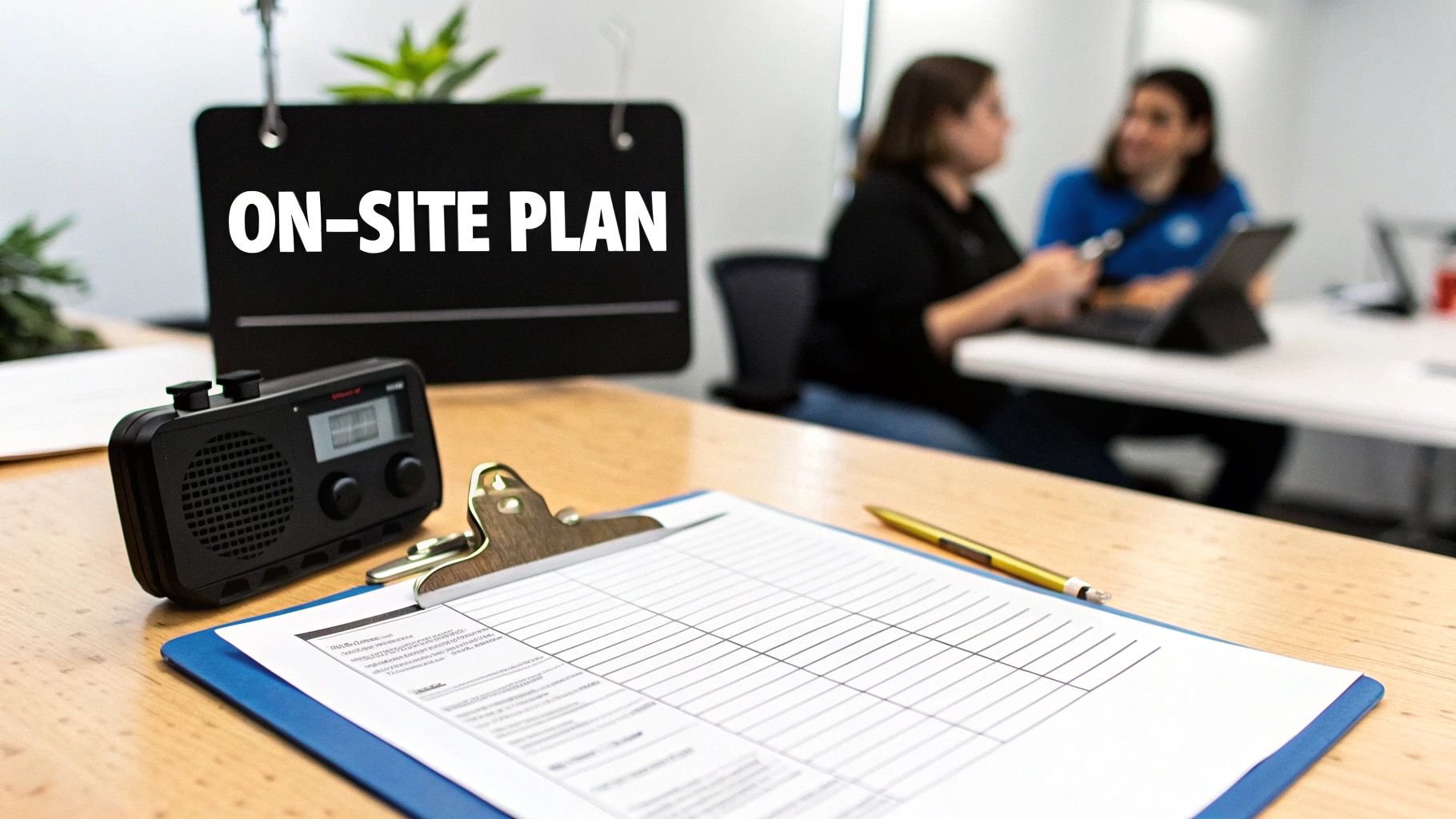 On-site event planning setup featuring a checklist, two-way radio, and 'ON-SITE PLAN' sign.