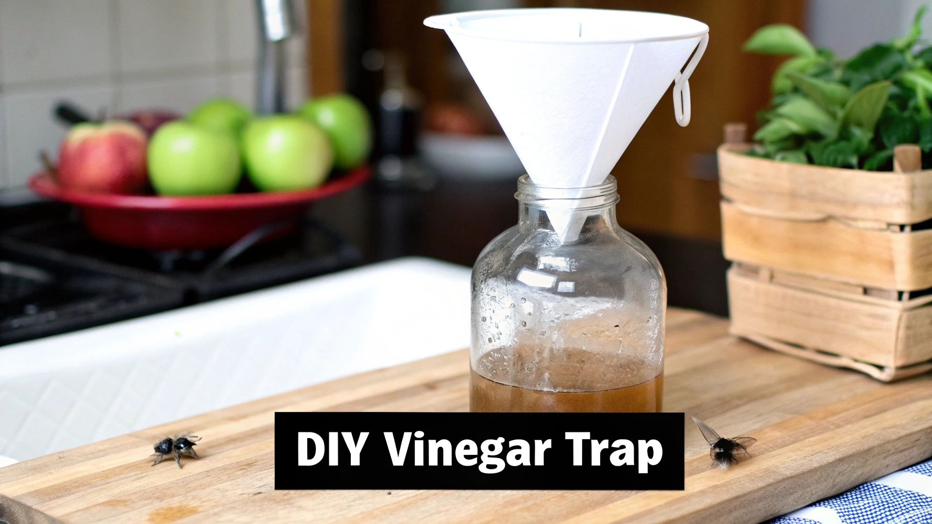 A fly fan with holographic blades spinning over a bowl of fruit on a kitchen counter.