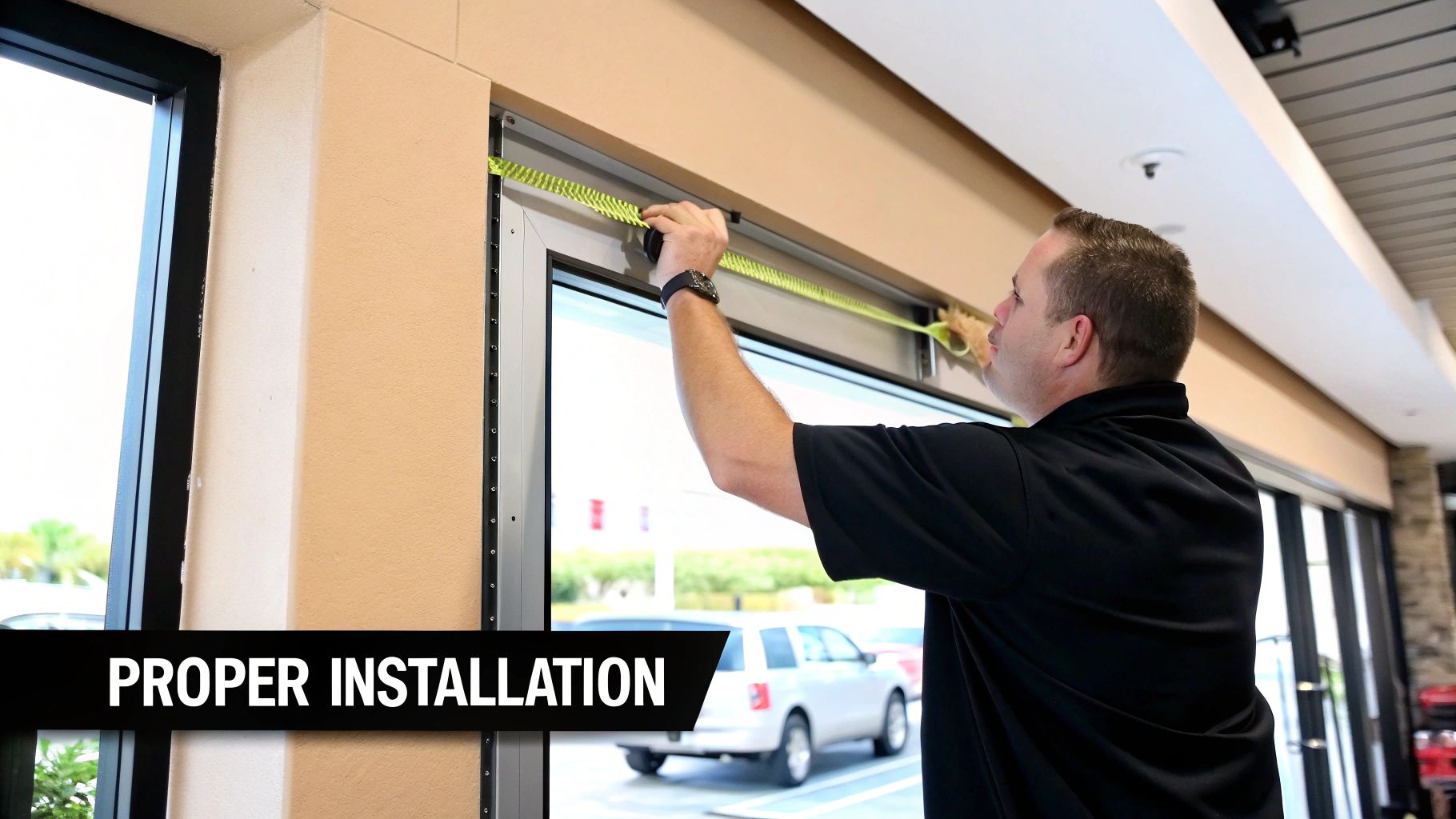 A technician installs an air curtain above a commercial doorway.