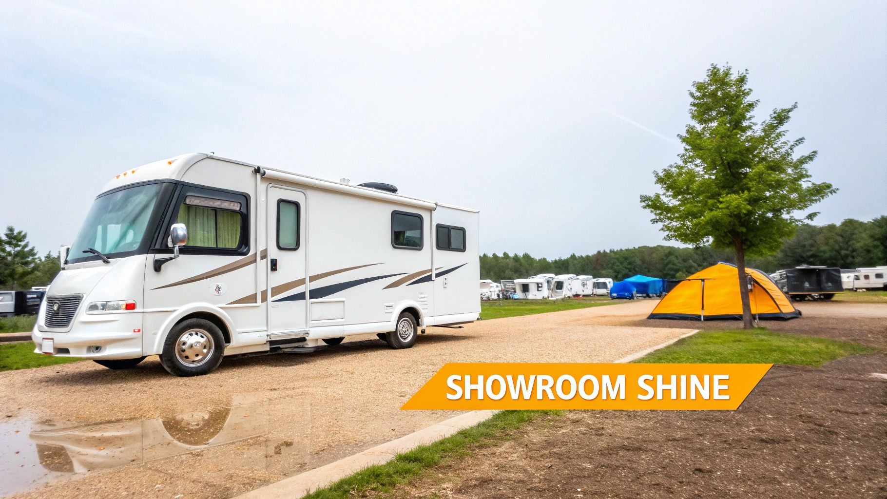 A person using a foam gun to spray thick soap suds on the side of a large, modern RV.