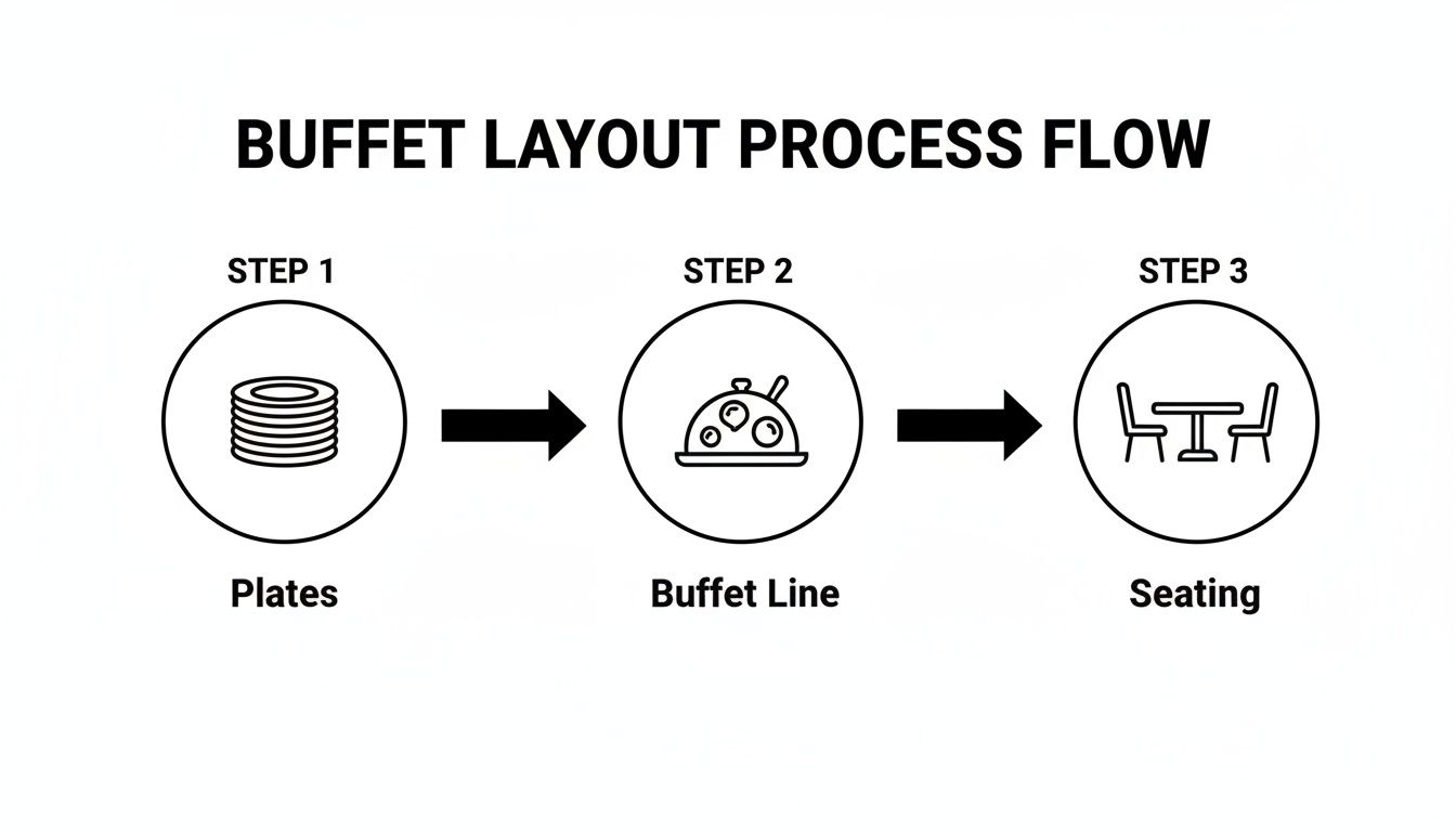 A simple diagram illustrating the buffet layout process flow: starting with Plates, moving to the Buffet Line, and finally to Seating.