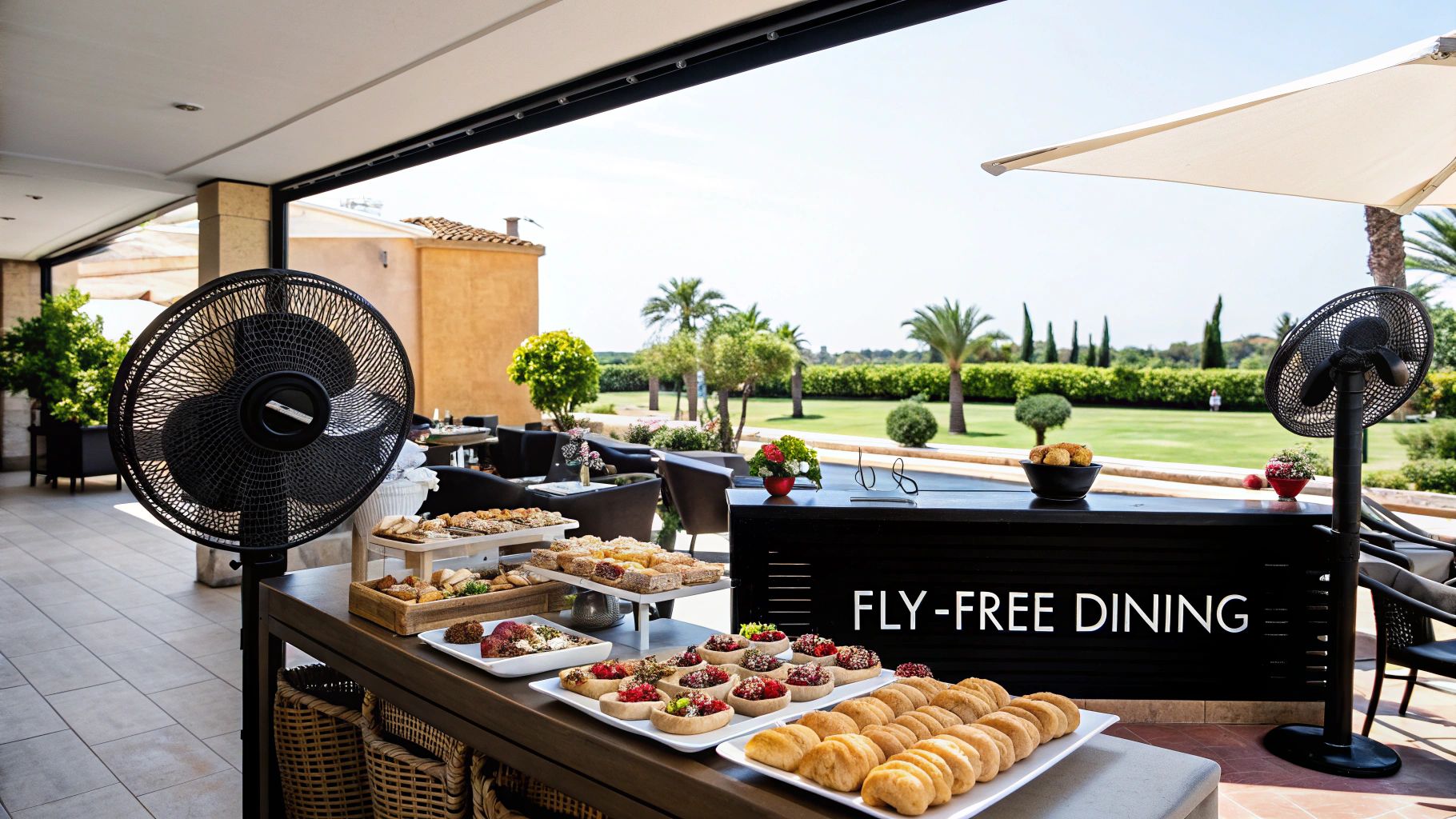 A shoo fly fan with holographic blades sits on an outdoor table protecting a spread of food.