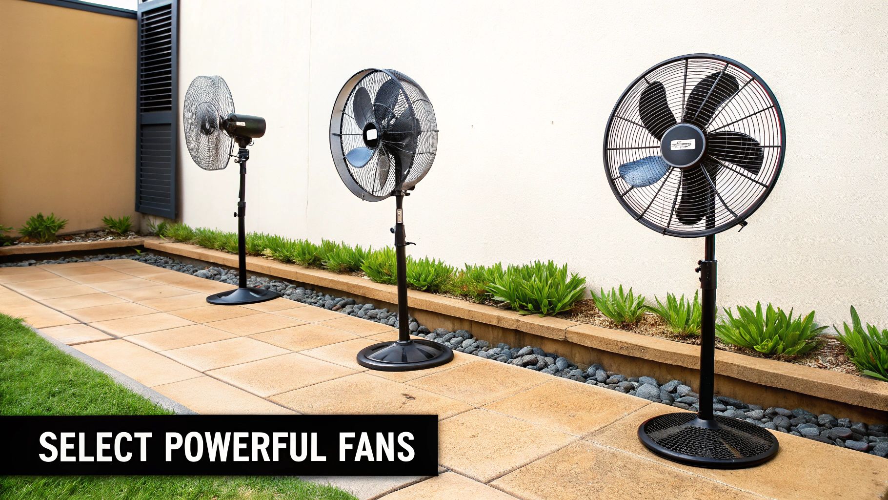 Three black powerful pedestal fans are lined up outdoors on a patio with green plants.