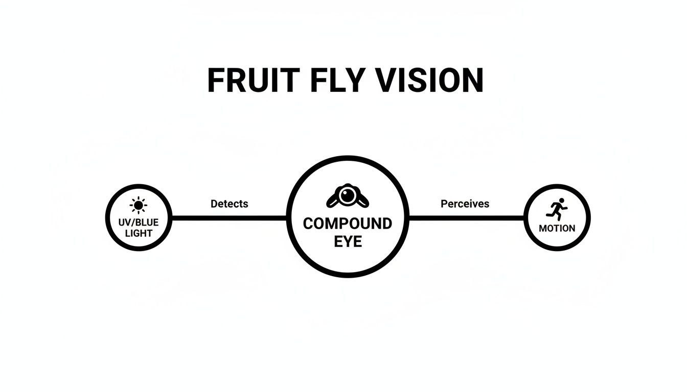 Diagram illustrating how fruit fly compound eyes detect UV/blue light to perceive motion.