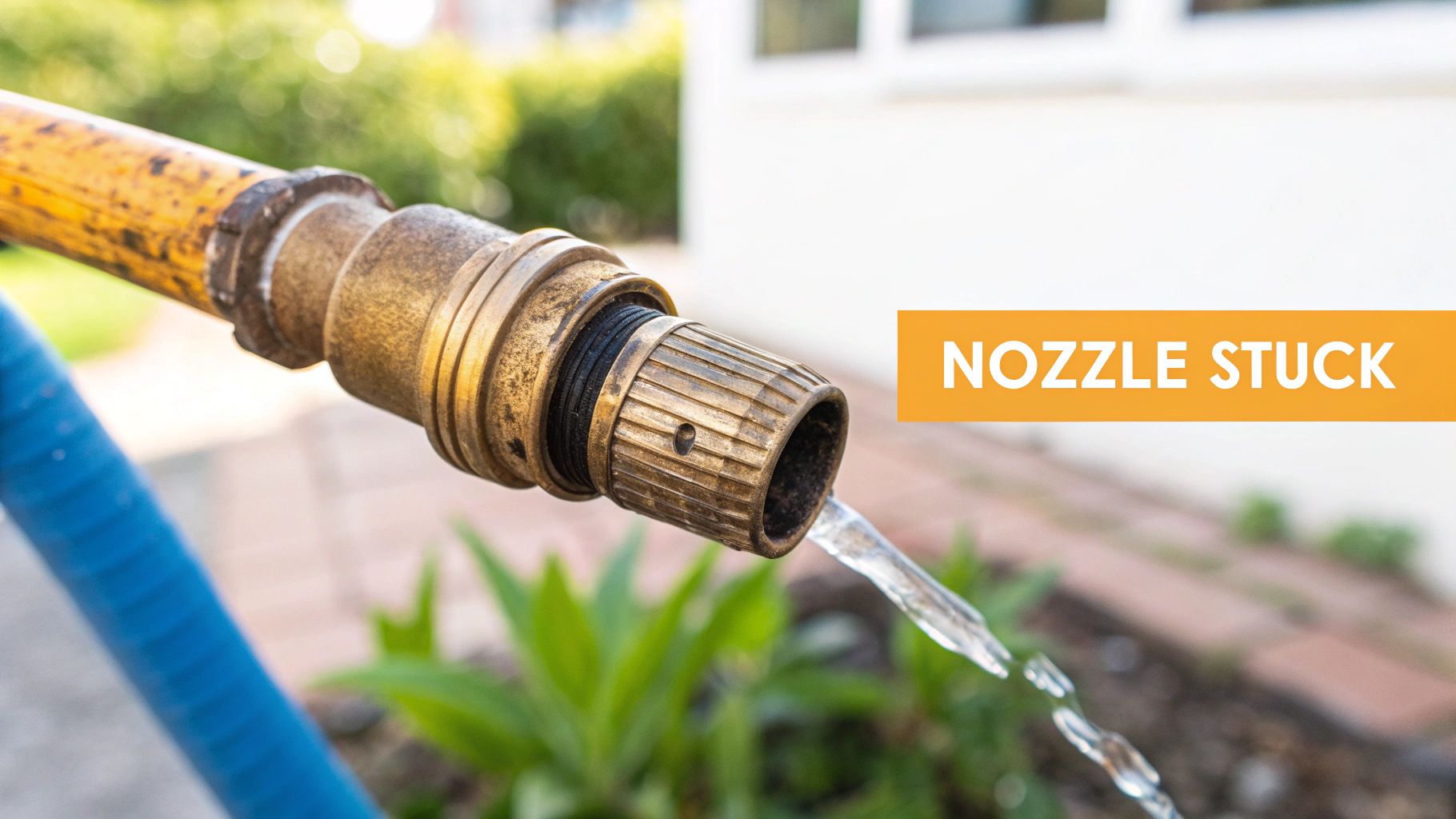 A close-up of an old brass garden hose nozzle spraying water, with a 'NOZZLE STUCK' caption.