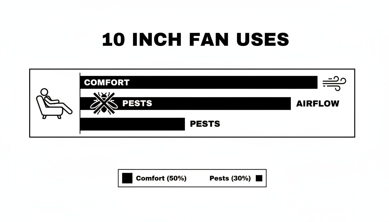 A chart illustrating the uses of a 10-inch fan, detailing its benefits for comfort and pest control with airflow indicators.