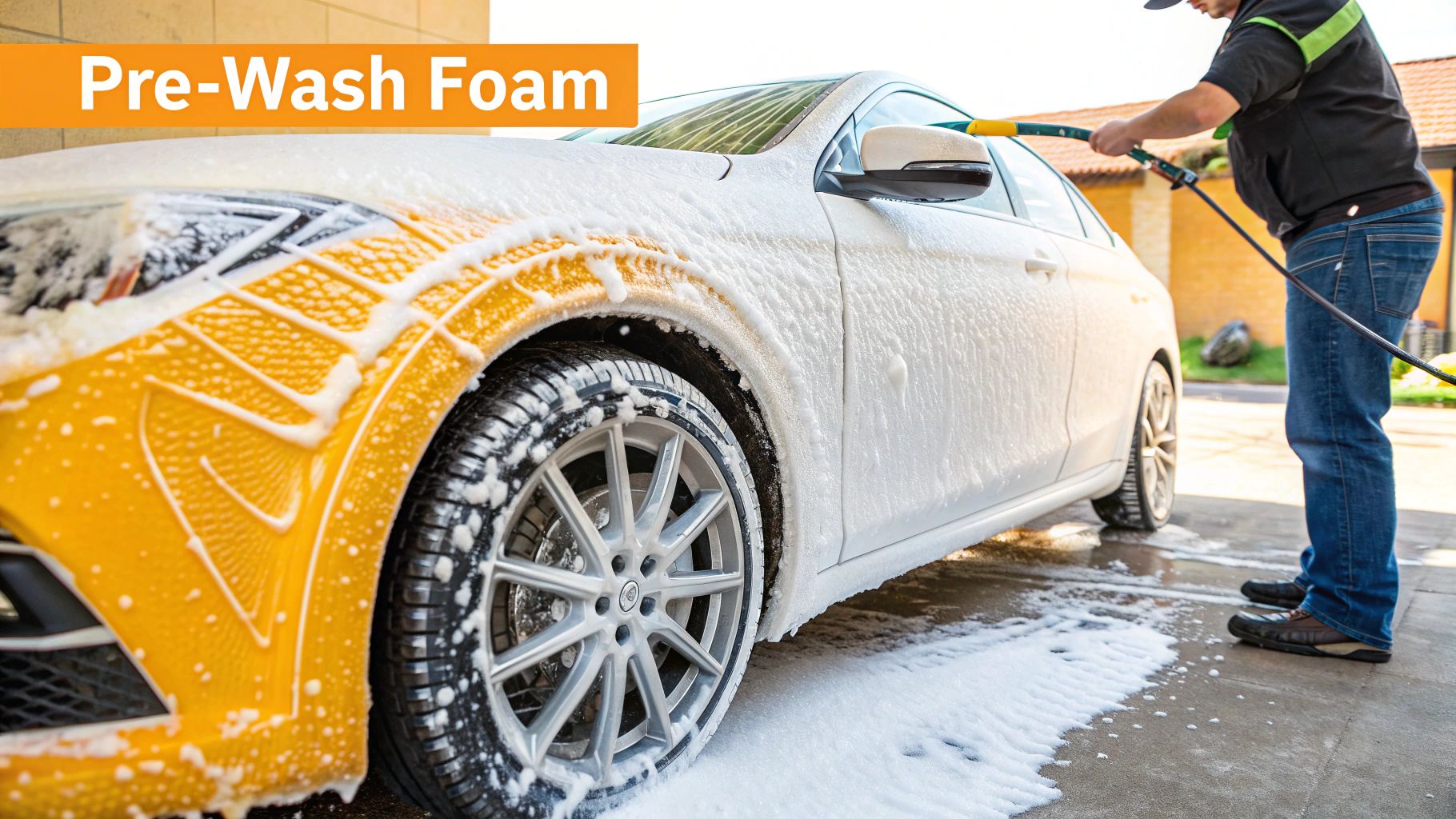 Person using a pressure washer to apply pre-wash foam onto a white car with yellow details.