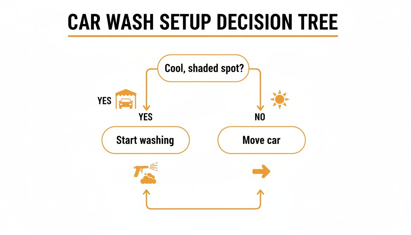 A car wash setup decision tree diagram guiding users to find a cool, shaded spot.