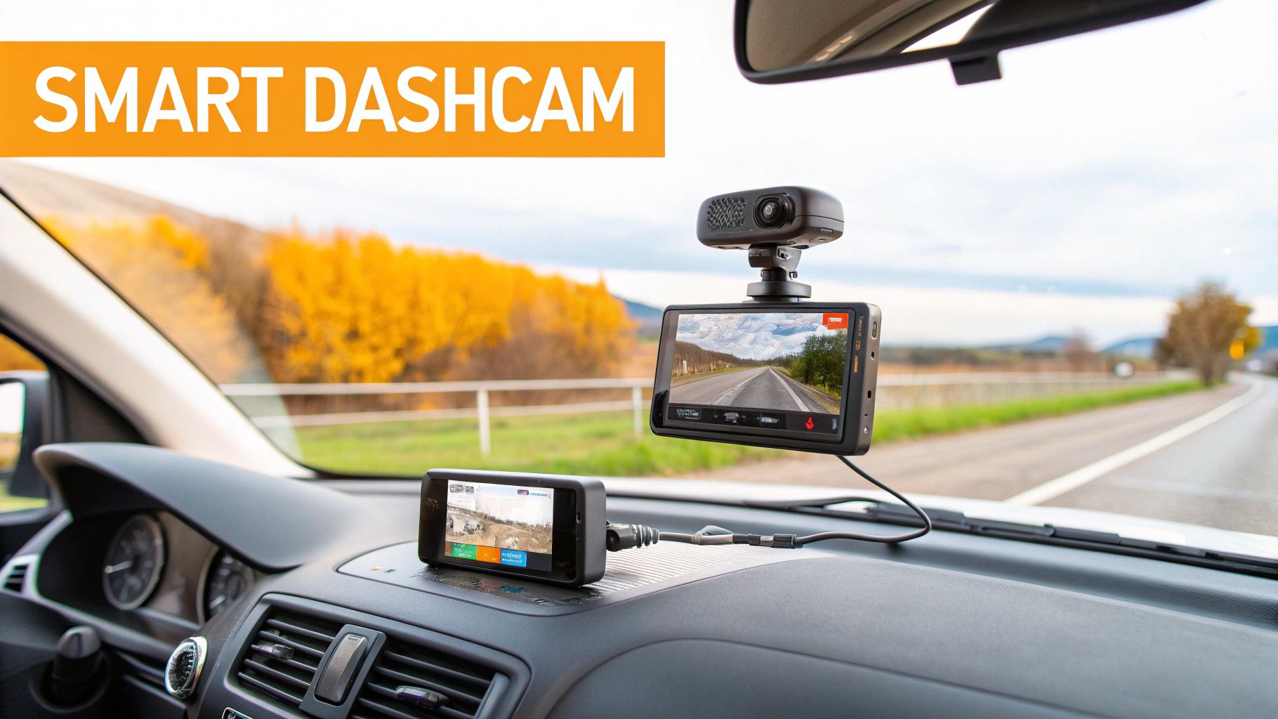 Smart dashcam mounted on a car windshield and another on the dashboard displaying the road.