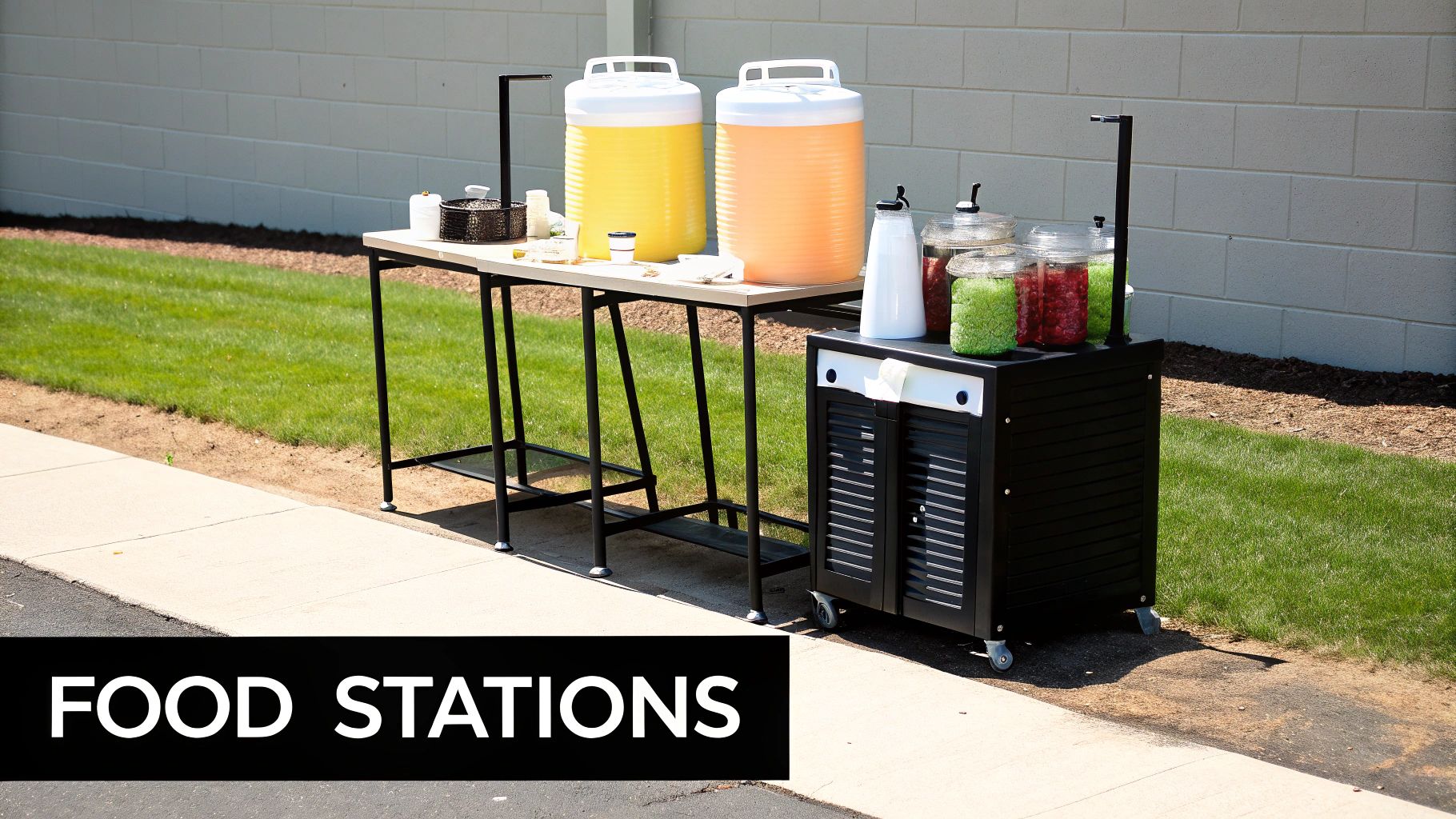 A beautifully decorated outdoor buffet table with warm lighting and greenery