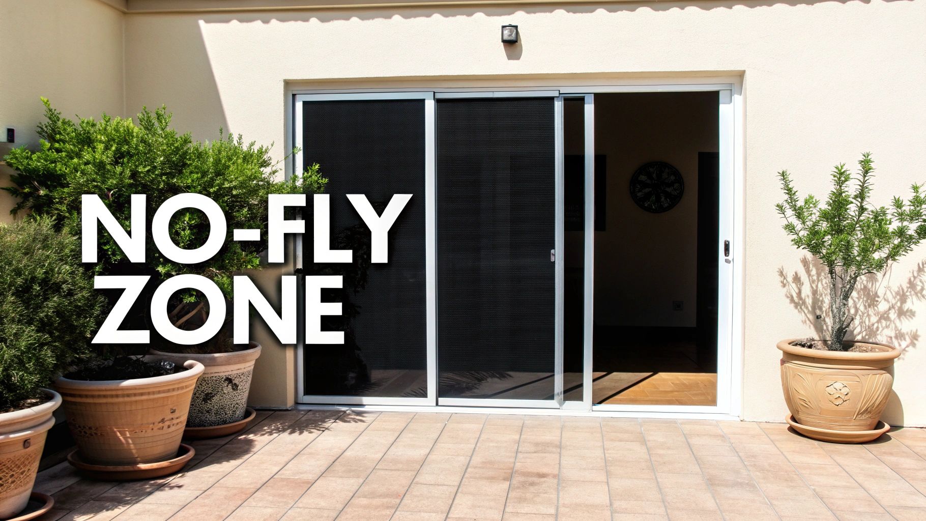 A patio with potted plants and a white sliding screen door, featuring text 'NO-FLY ZONE'.
