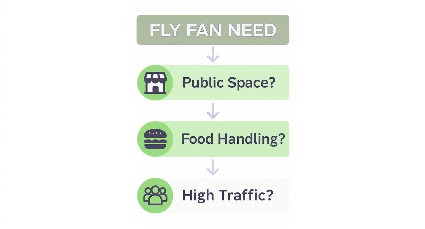 Infographic decision tree asking if a space is public, handles food, or has high traffic to determine the need for an over door fly fan.