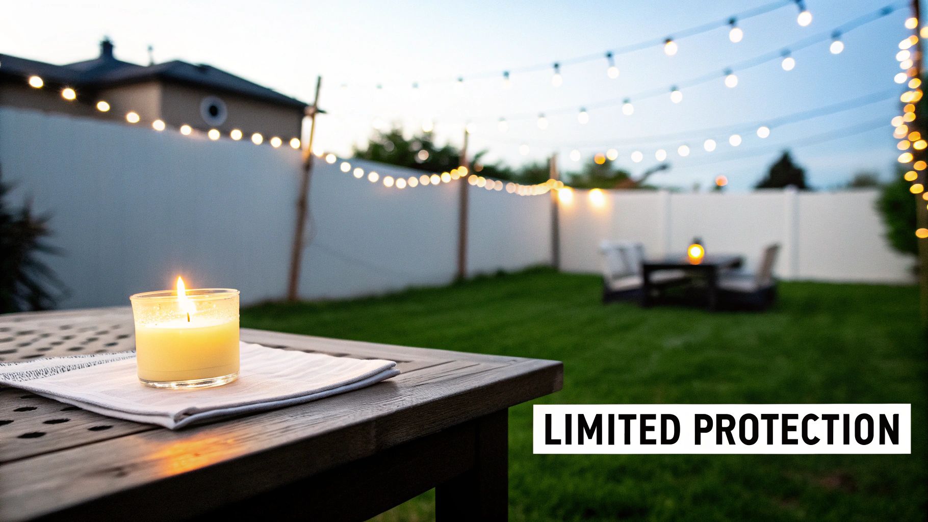 A lit candle on a wooden table in a backyard at dusk, with string lights and a patio.