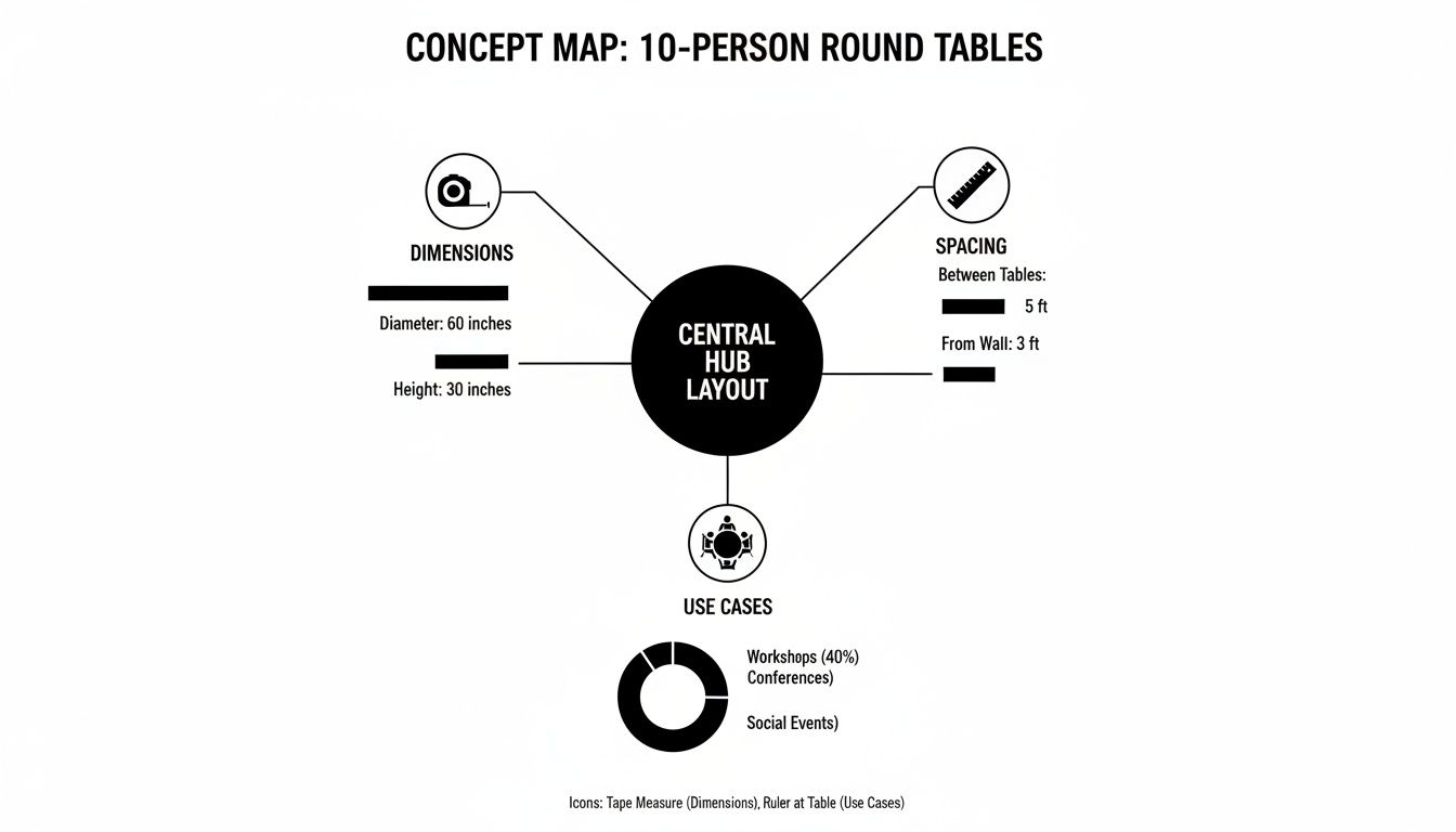 A concept map illustrating a 10-person round table layout with details on dimensions, spacing, and use cases.