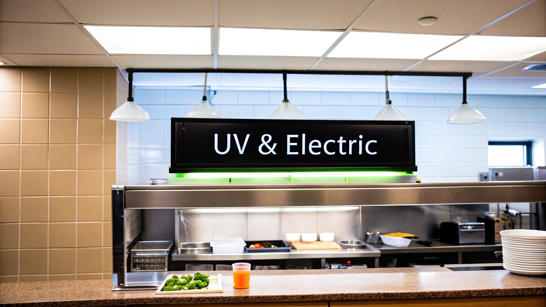 A cafeteria serving line with a 'UV & Electric' sign, fresh green vegetables, and orange juice.