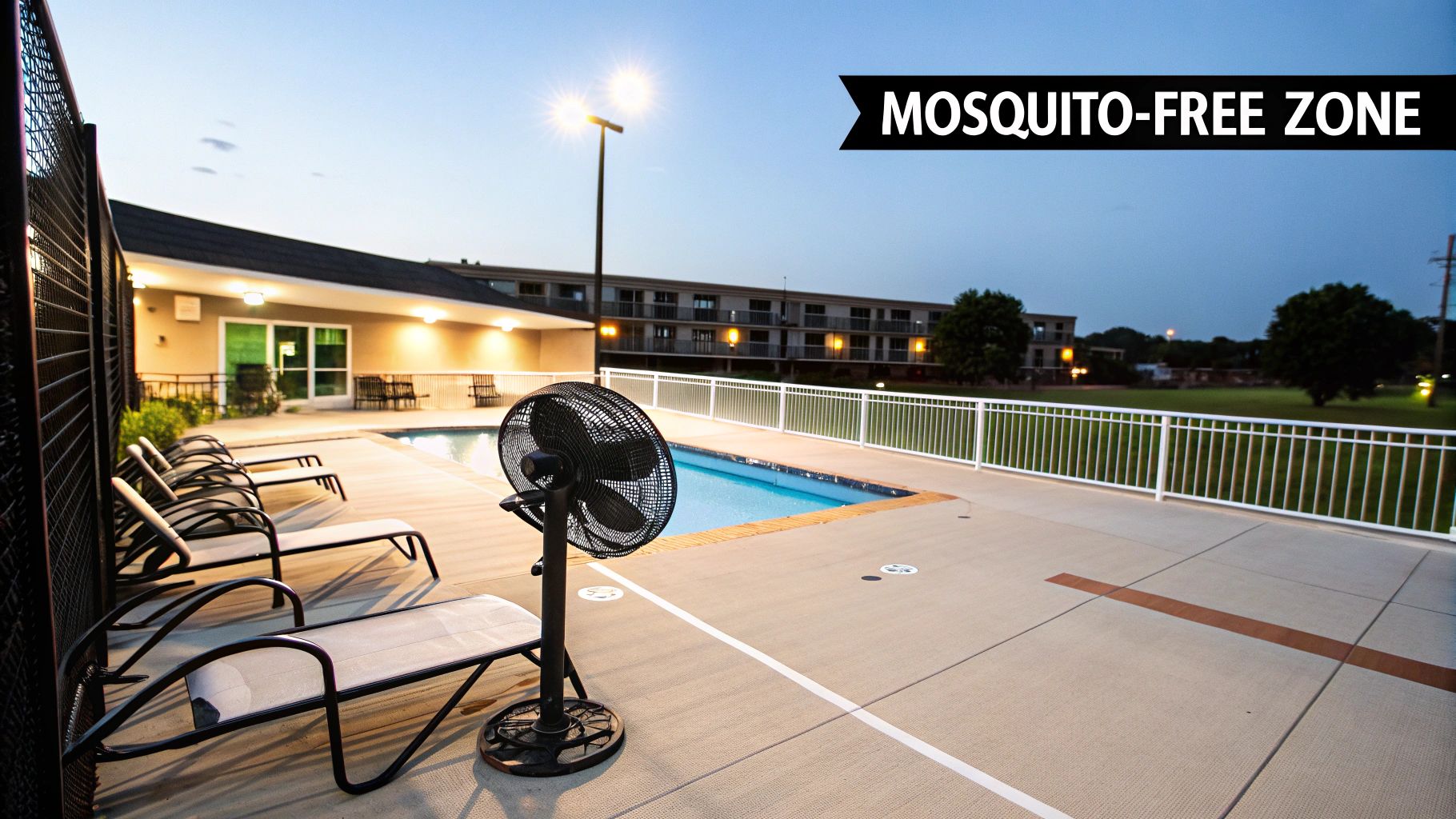 An outdoor fan stands beside a swimming pool with lounge chairs at dusk, labeled 'Mosquito-Free Zone'.