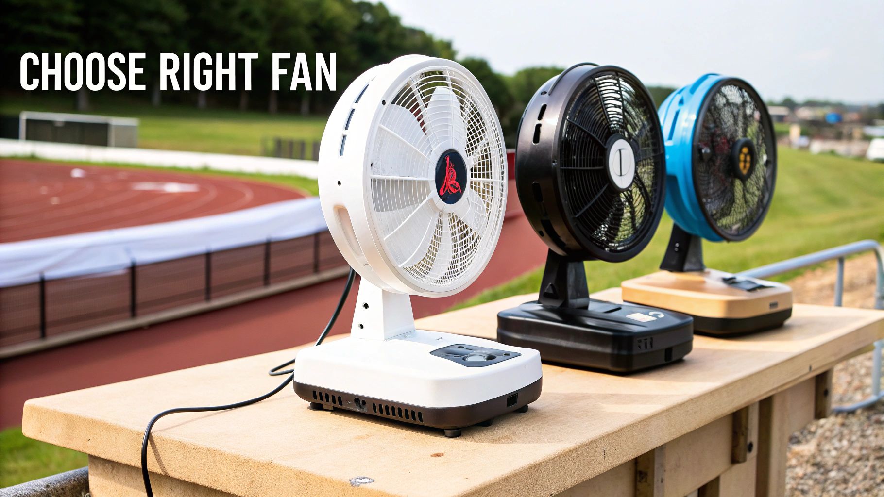 Three portable fans in white, black, and blue, displayed outdoors on a table.