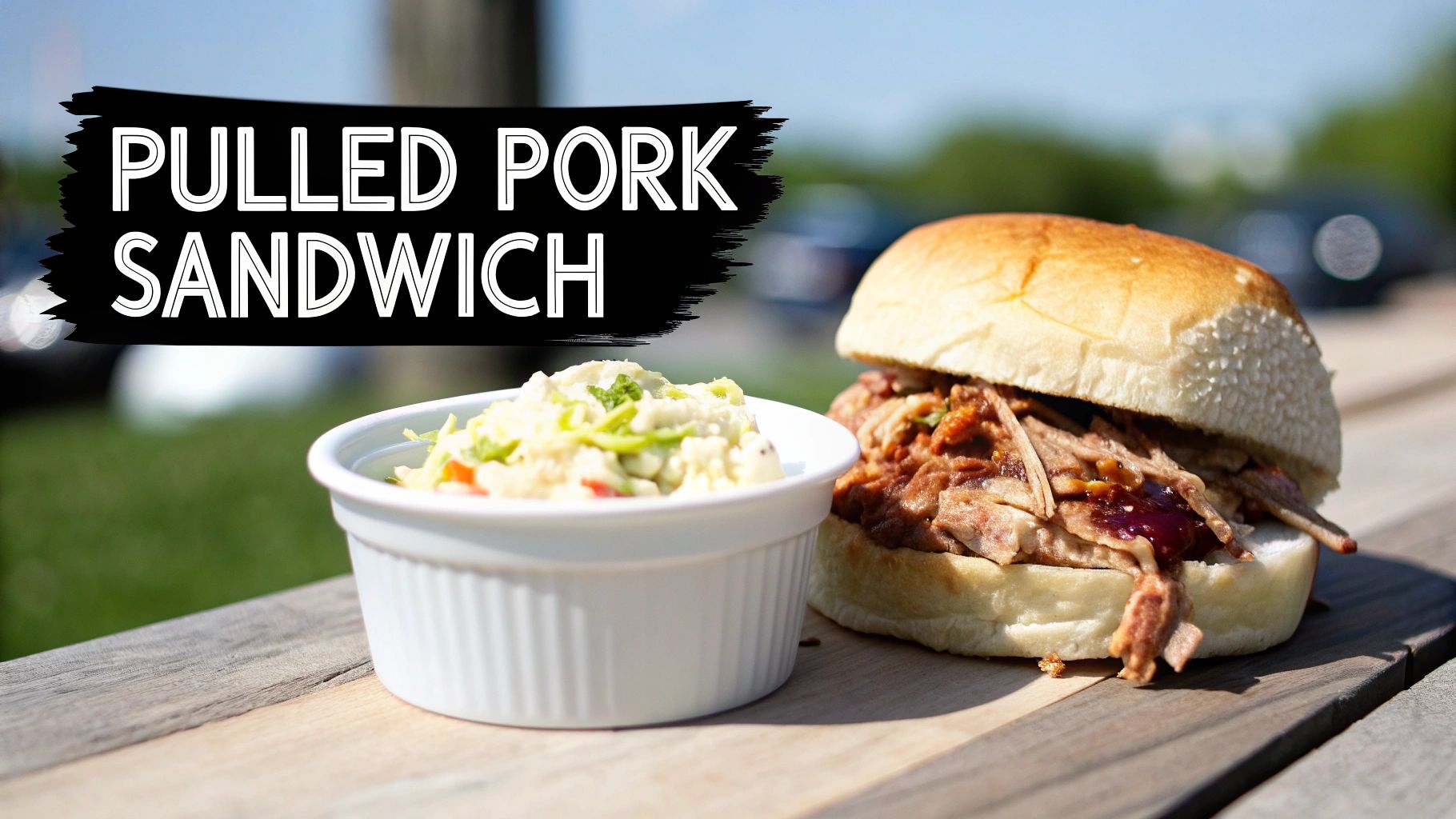 A delicious pulled pork sandwich with barbecue sauce and a side of creamy coleslaw on a wooden table outdoors.