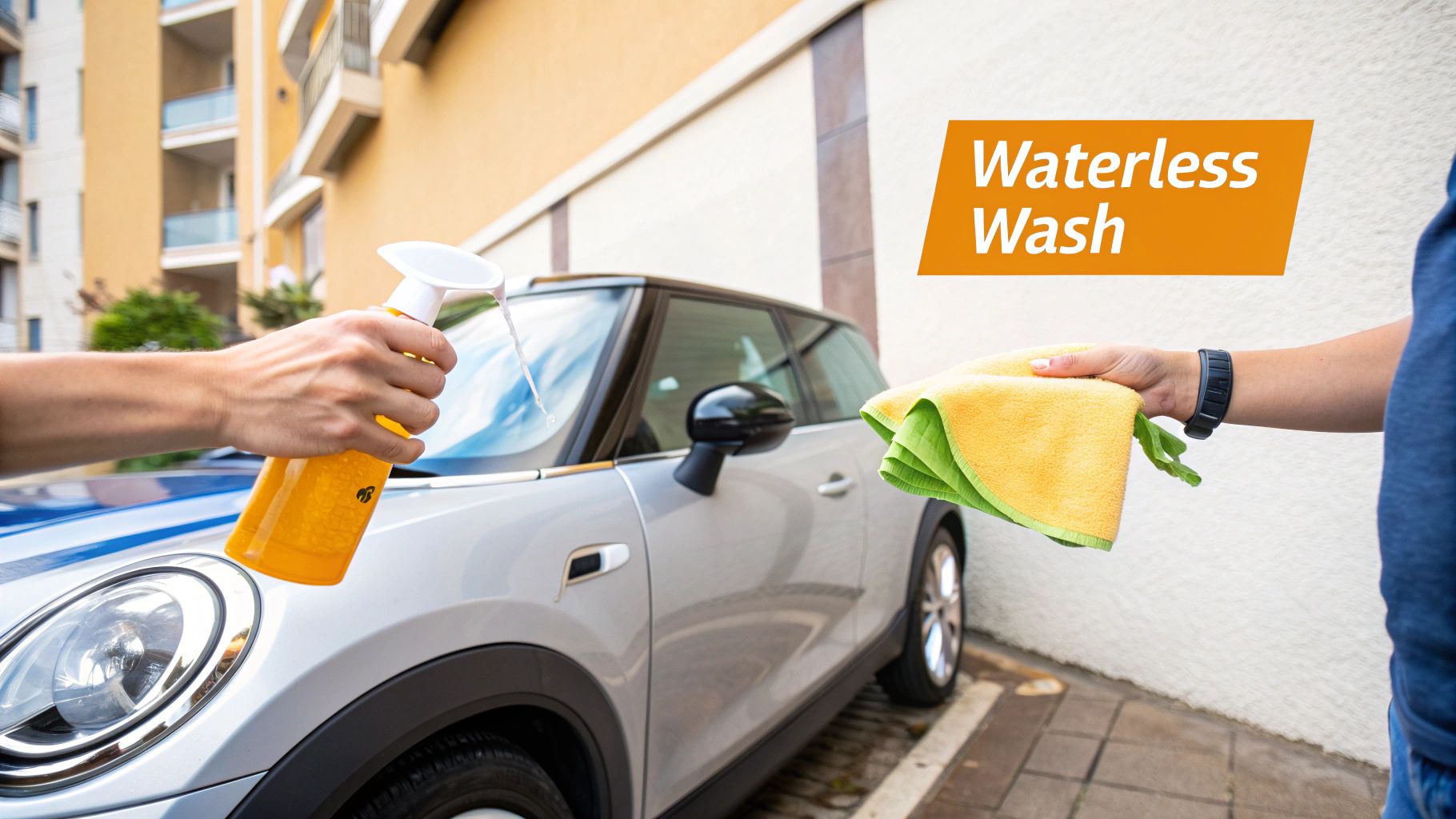 Hands spraying waterless car wash solution onto a silver car, preparing to wipe with a microfiber towel.