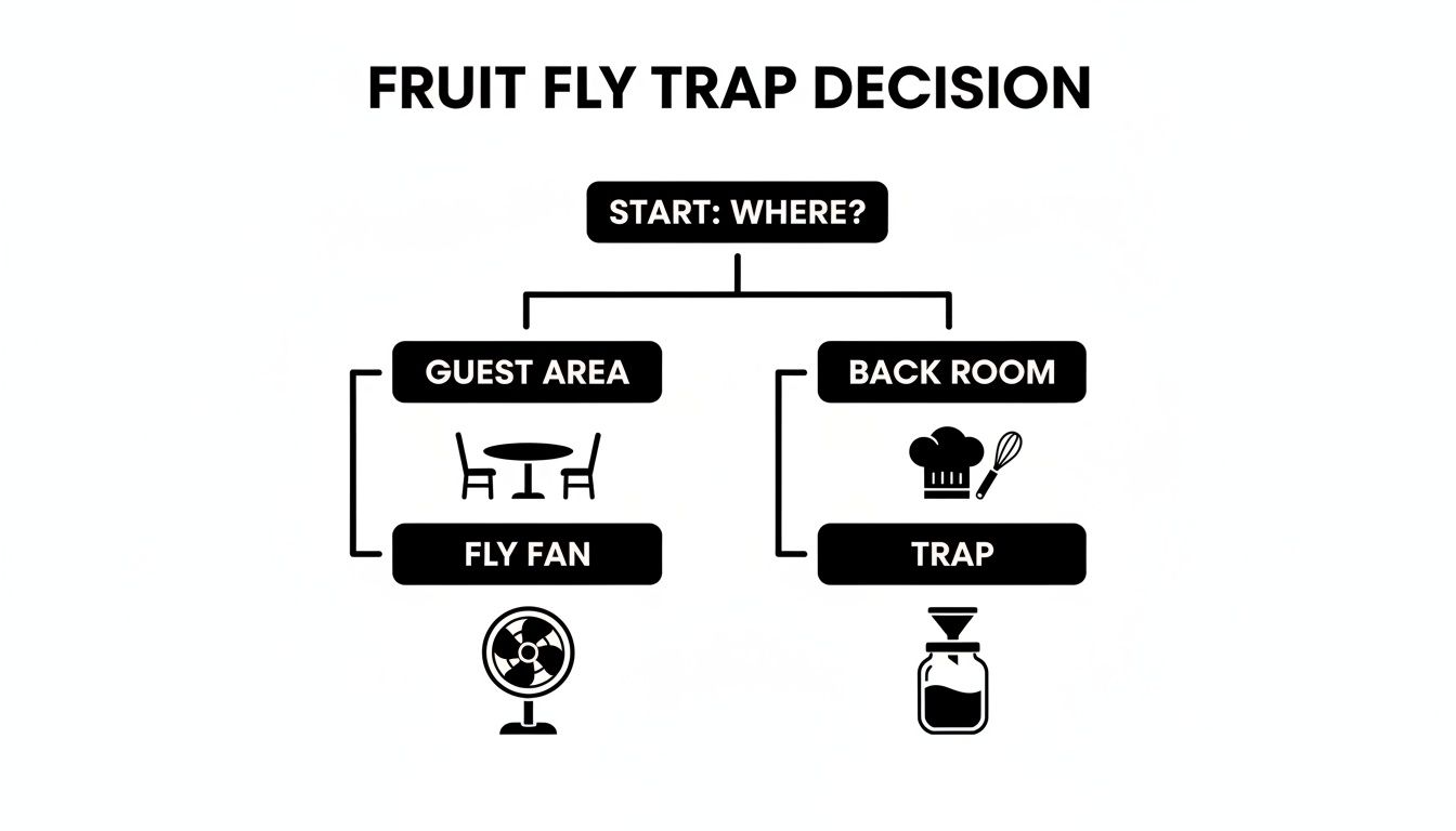 Decision flowchart for fruit fly trap placement, recommending a fly fan for guest areas and a trap for back rooms.