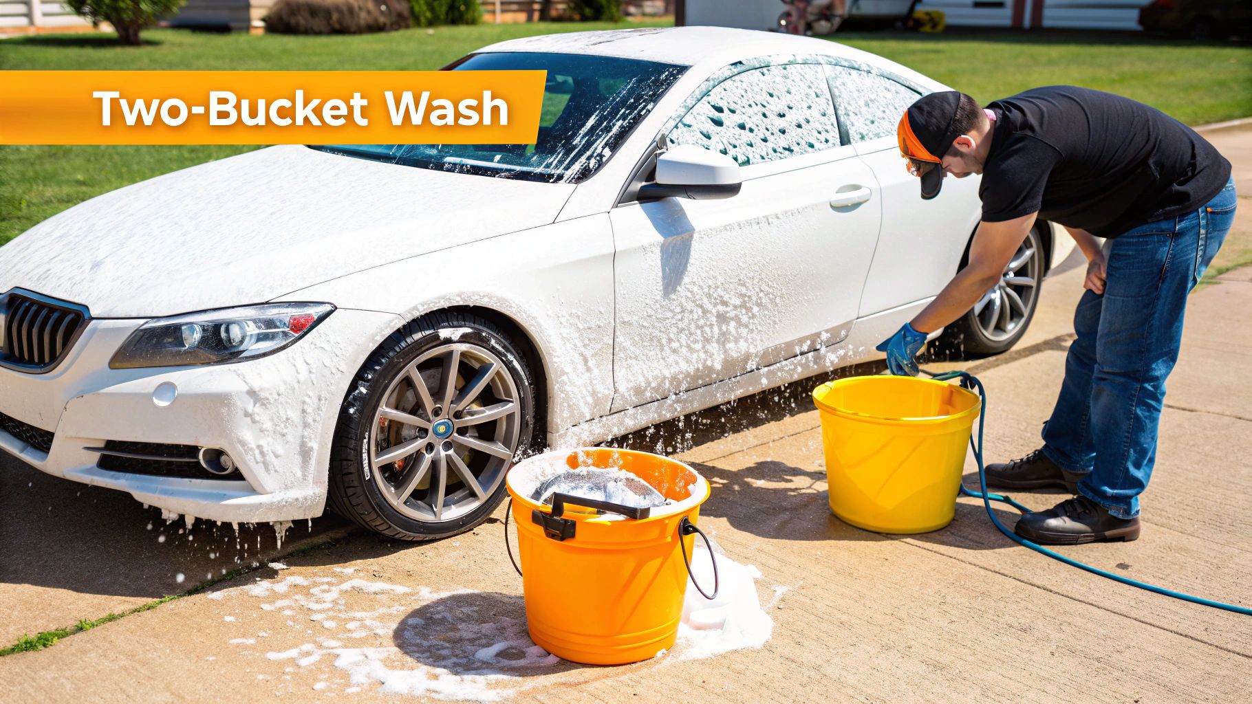 A man washes a white car covered in soap suds using the two-bucket method.