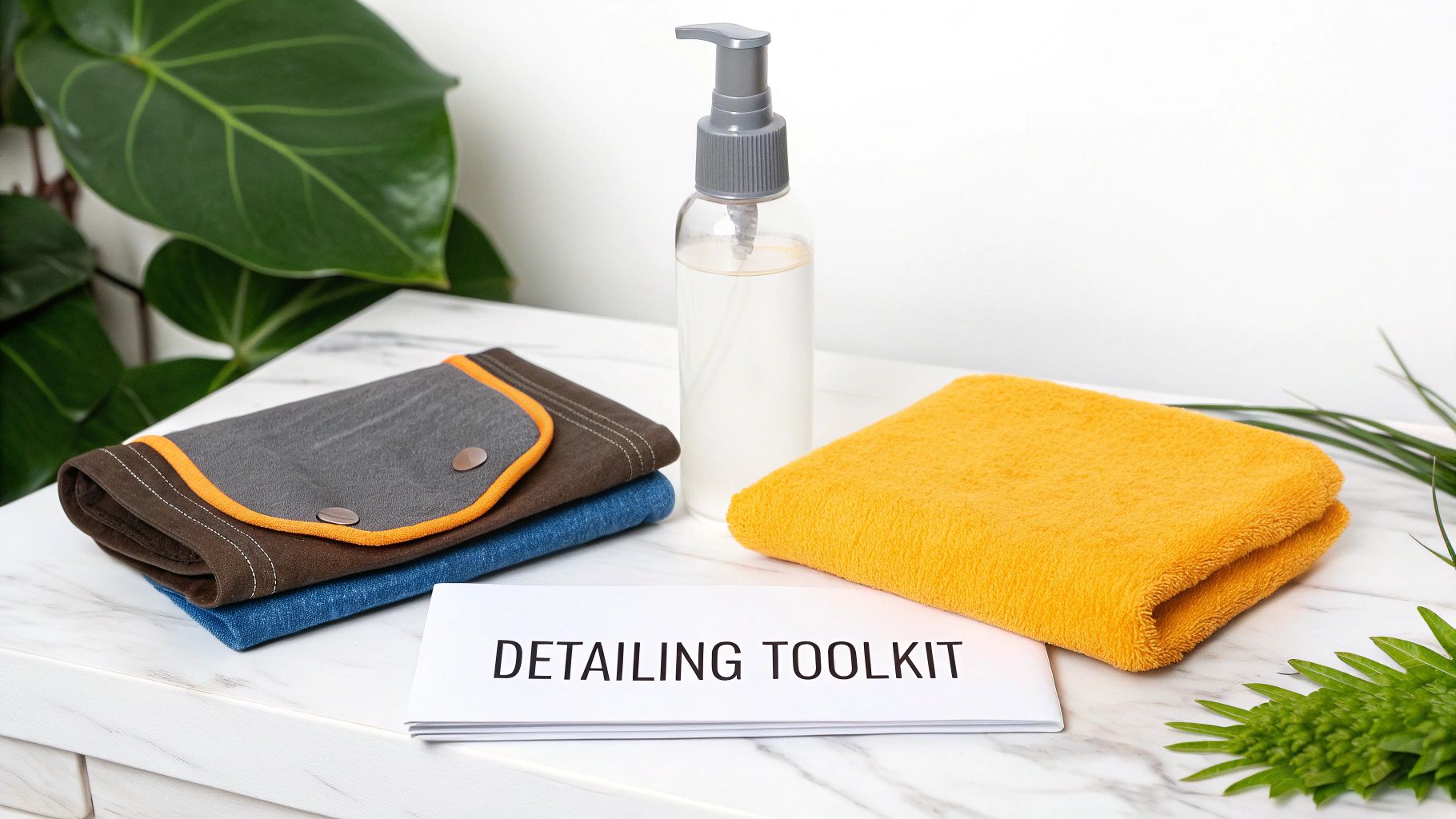 Close-up of a waterless car wash detailing kit including a spray bottle, cloths, and towel.