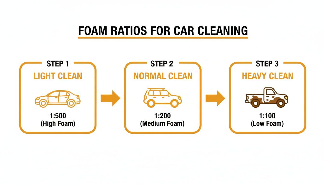 Infographic showing foam ratios for light, normal, and heavy car cleaning steps.