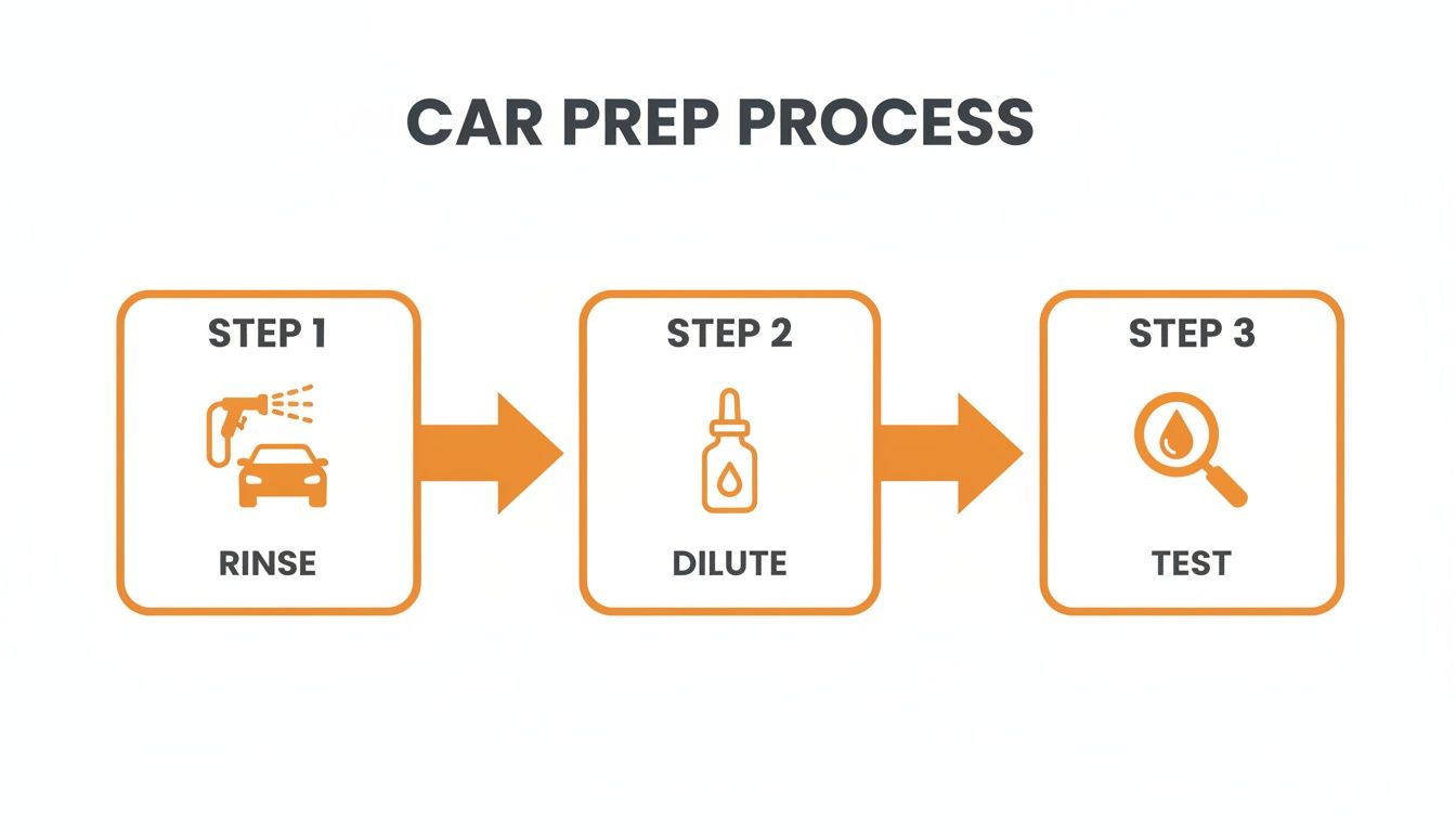 Infographic showing a three-step car prep process with icons: rinse, dilute, and test.