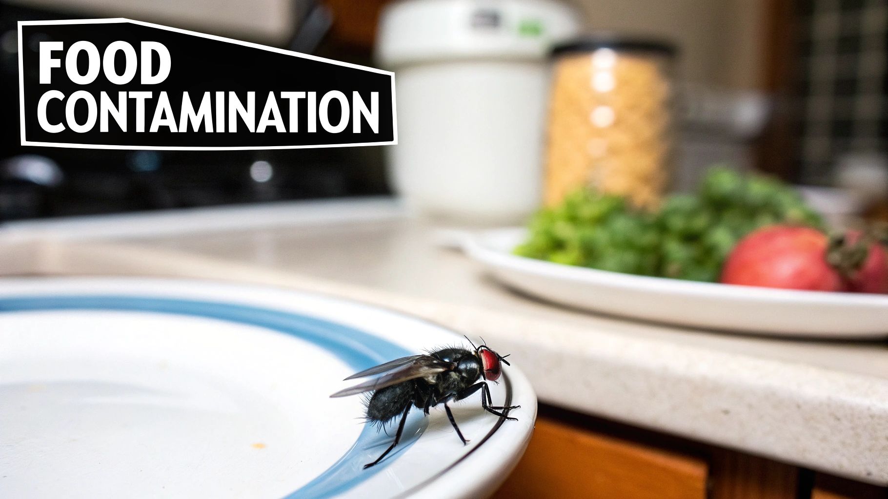 A fly on a piece of fruit, highlighting food contamination.