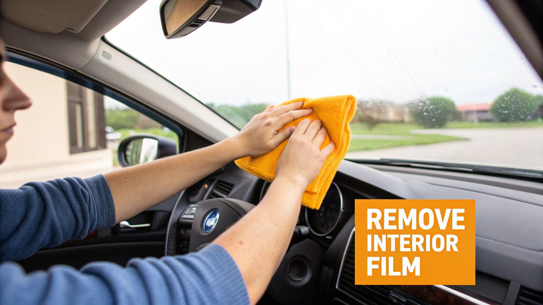 Person wiping car windshield with orange microfiber cloth to remove interior film buildup