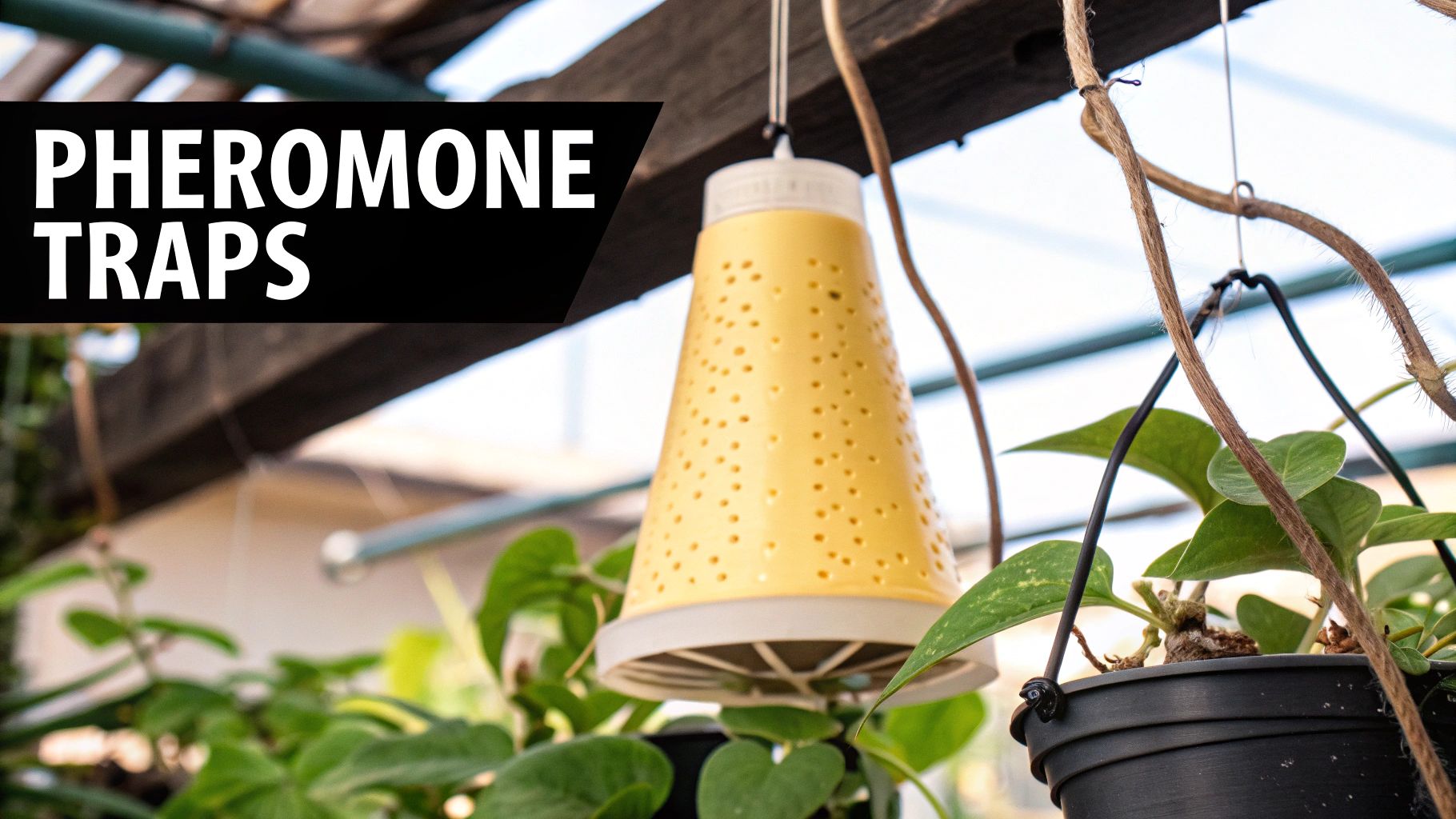 An advanced pheromone fruit fly trap hanging in a commercial greenhouse.