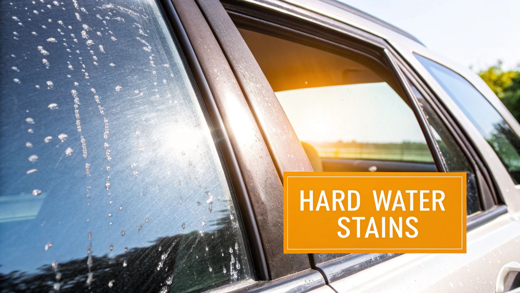 A car window covered in hard water stains, with sunlight reflecting off the glass.