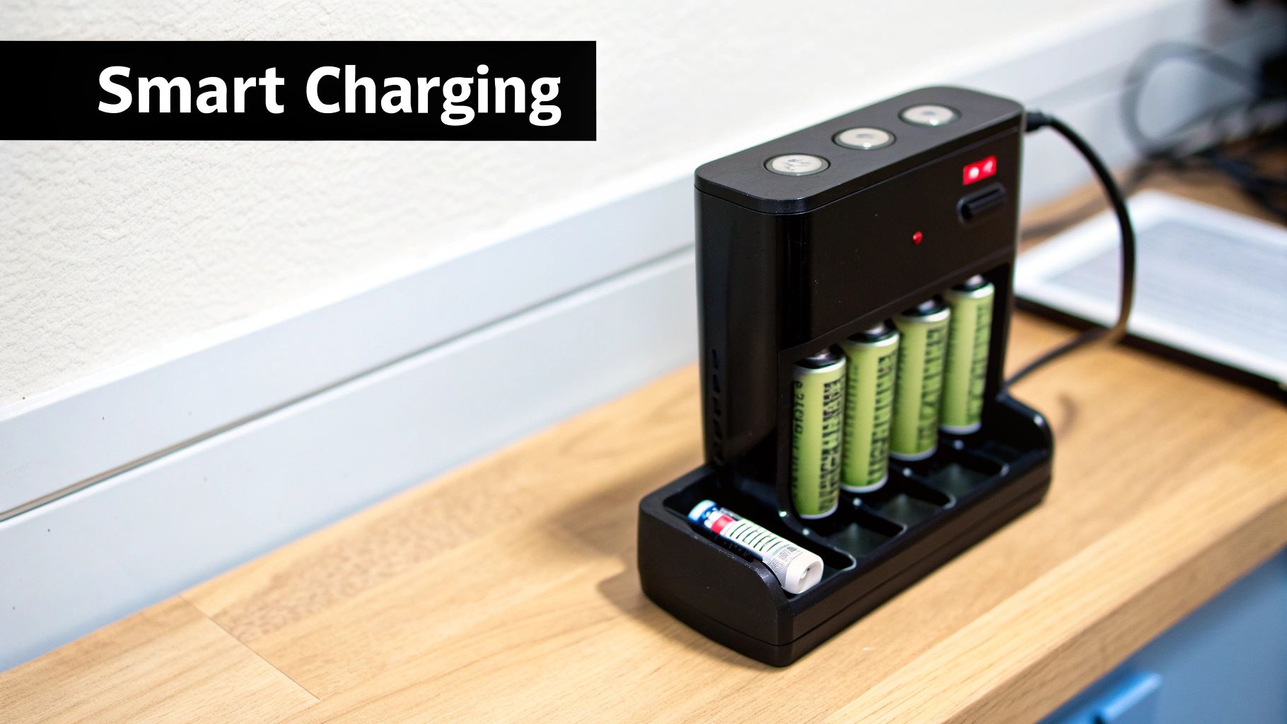 A black smart battery charger with three green batteries and one loose battery on a wooden table.