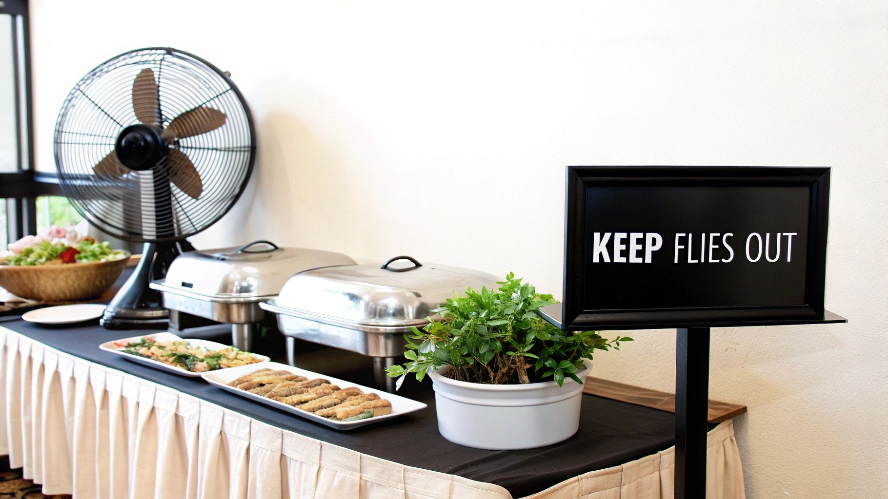 A buffet table featuring various dishes, a large fan, and a sign stating "KEEP FLIES OUT".