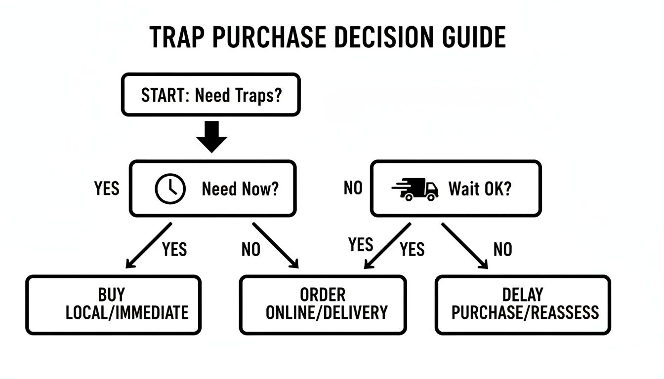 A flowchart titled 'Trap Purchase Decision Guide' outlining steps for buying traps based on urgency and delivery.