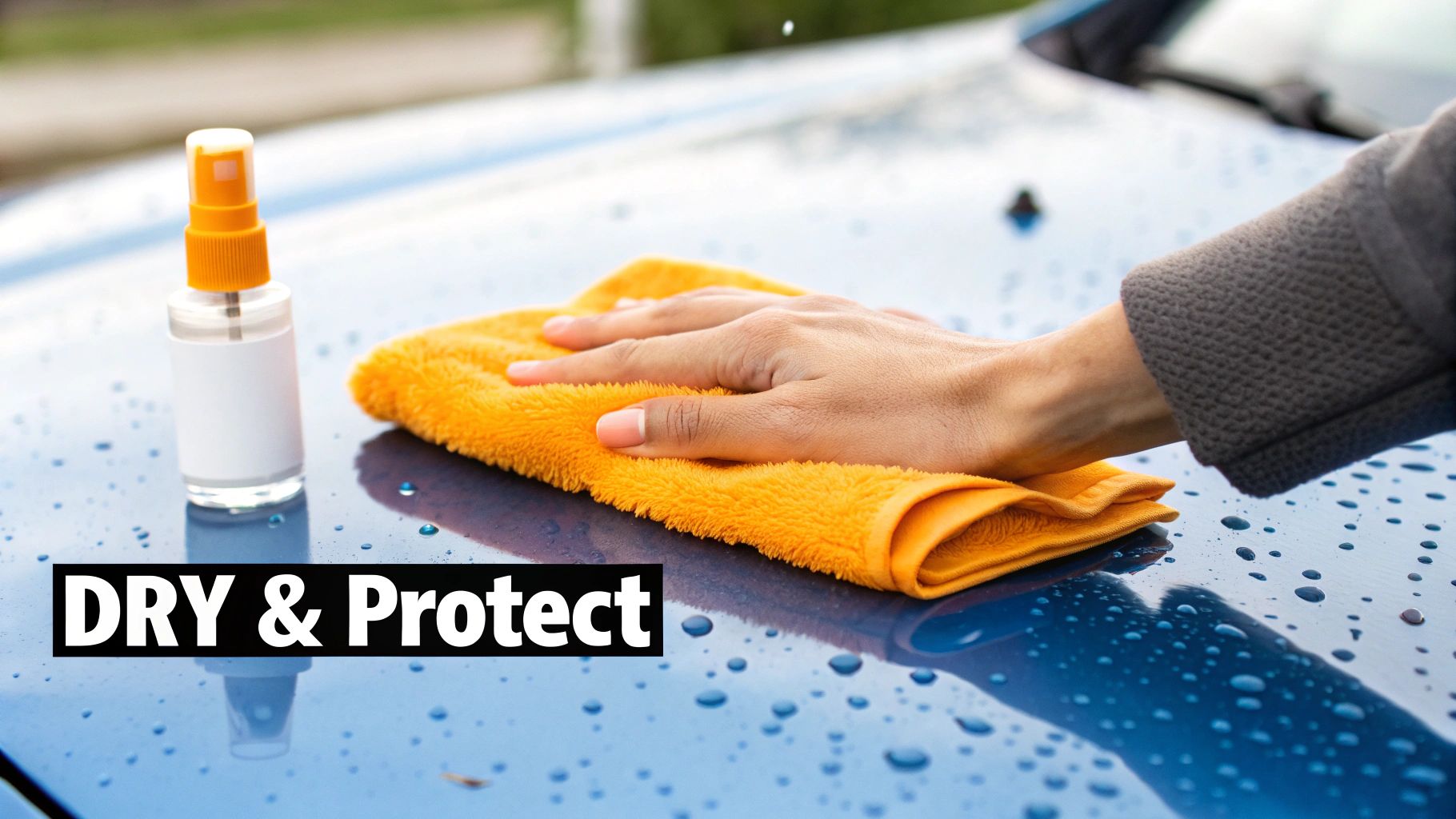 A person drying a clean, black car with a large, plush microfiber towel.
