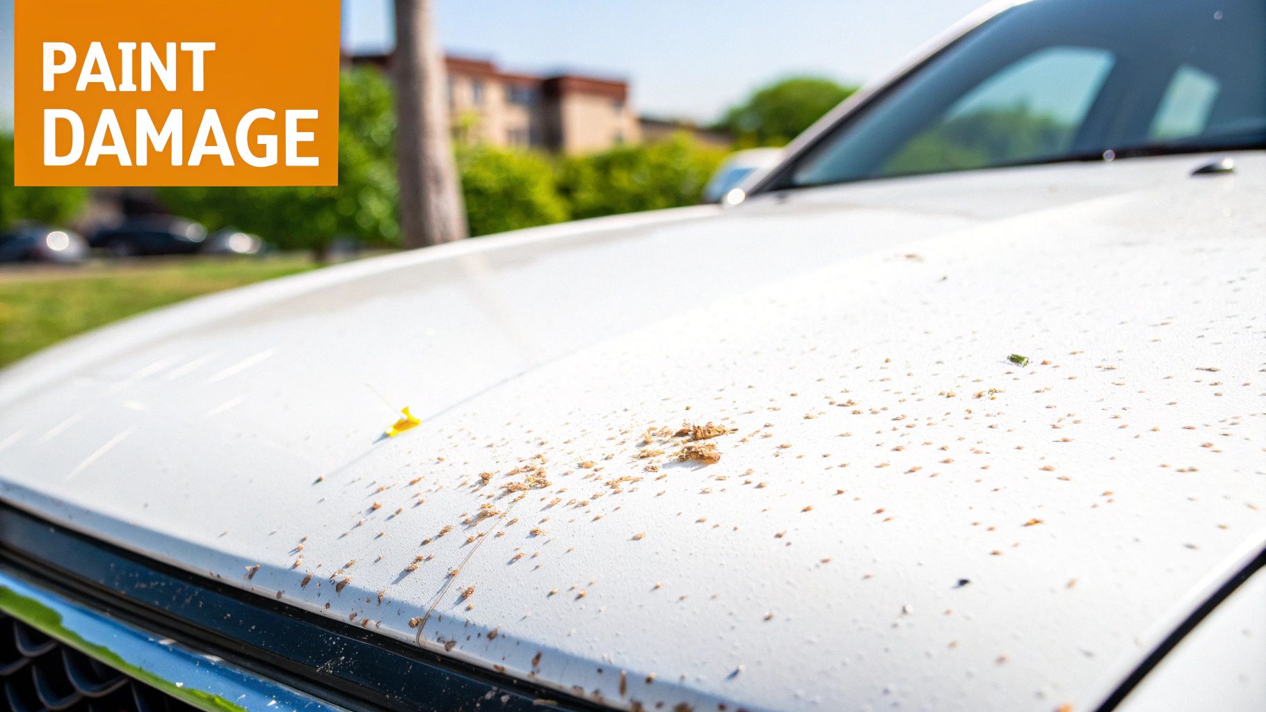 A close-up of a white car hood covered in numerous dried bug splatters and debris, indicating potential paint damage.