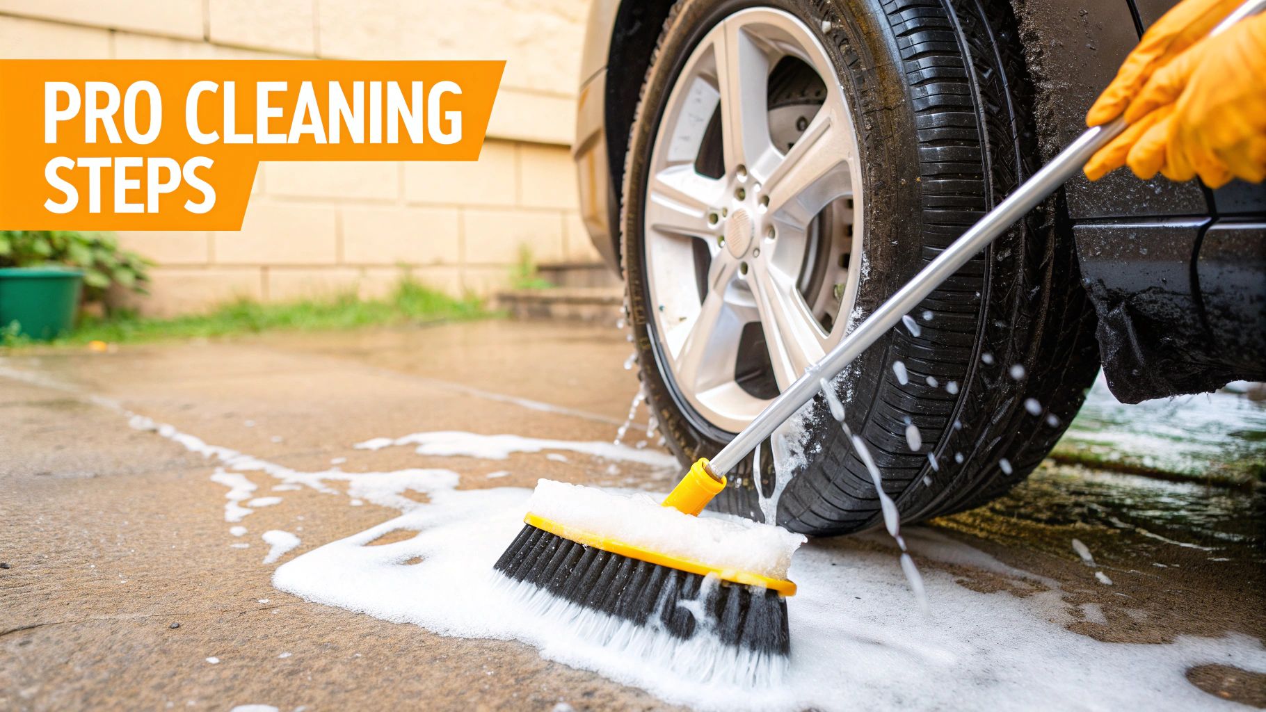 A person scrubbing a car tire covered in soapy foam with a green brush.
