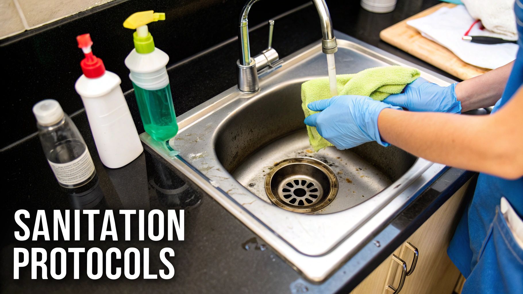 A person in blue gloves cleans a dirty kitchen sink with a green cloth, demonstrating sanitation protocols.