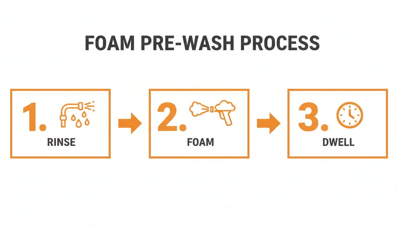 Infographic illustrating the three-step foam pre-wash process for car cleaning: rinse, foam, and dwell time.