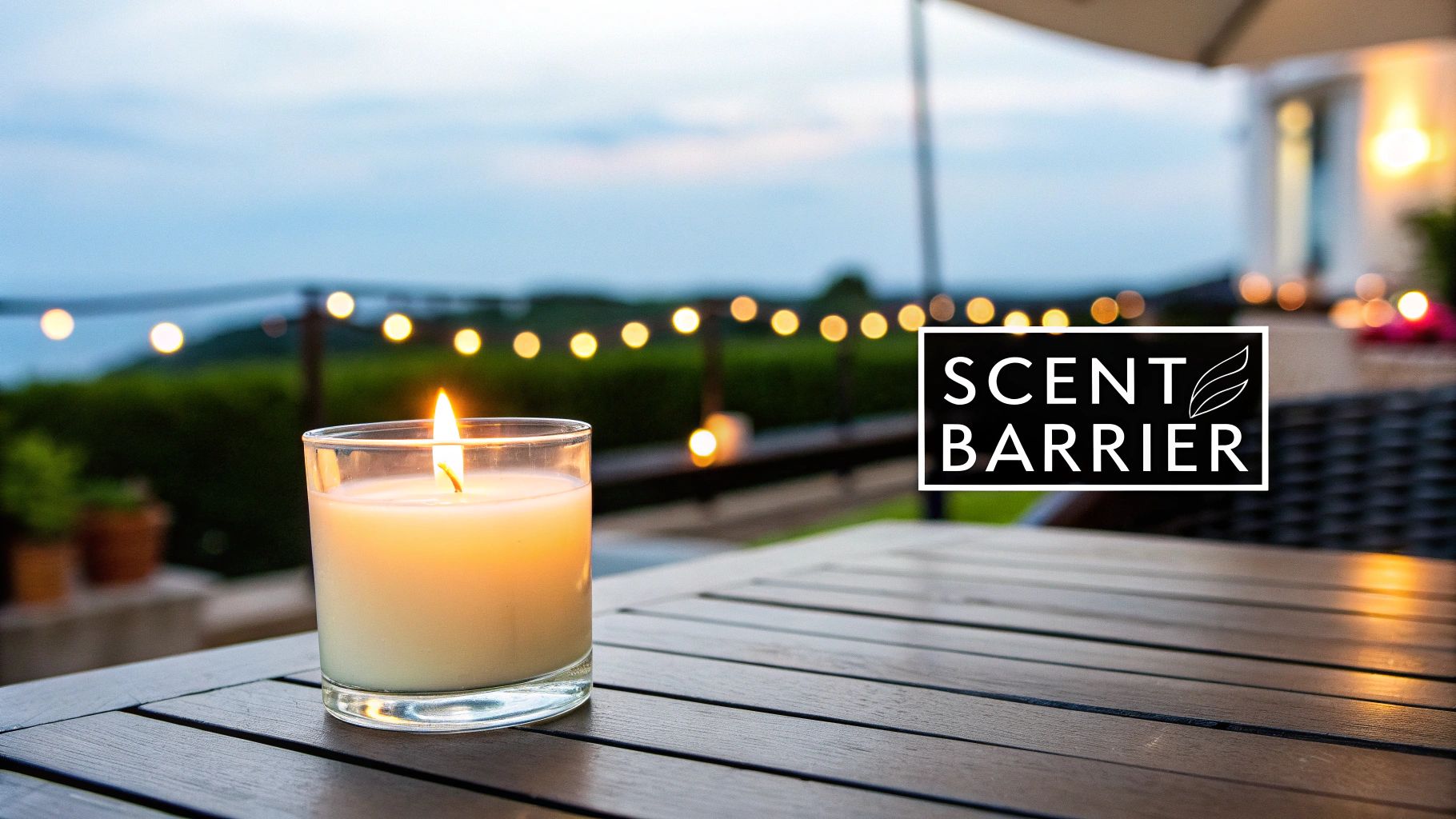 A lit candle on a dark wooden patio table with blurred string lights and green foliage in the background, featuring a 'SCENT BARRIER' logo.