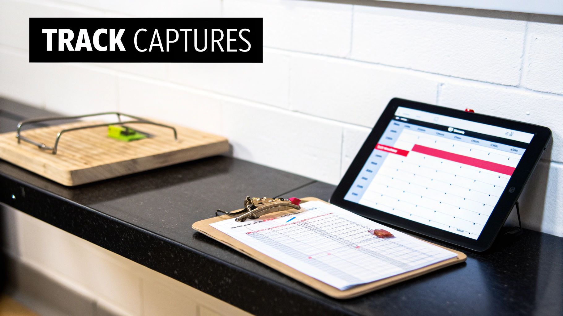 A tablet, clipboard with tracking sheet, and fruit fly lure on a counter for monitoring captures.