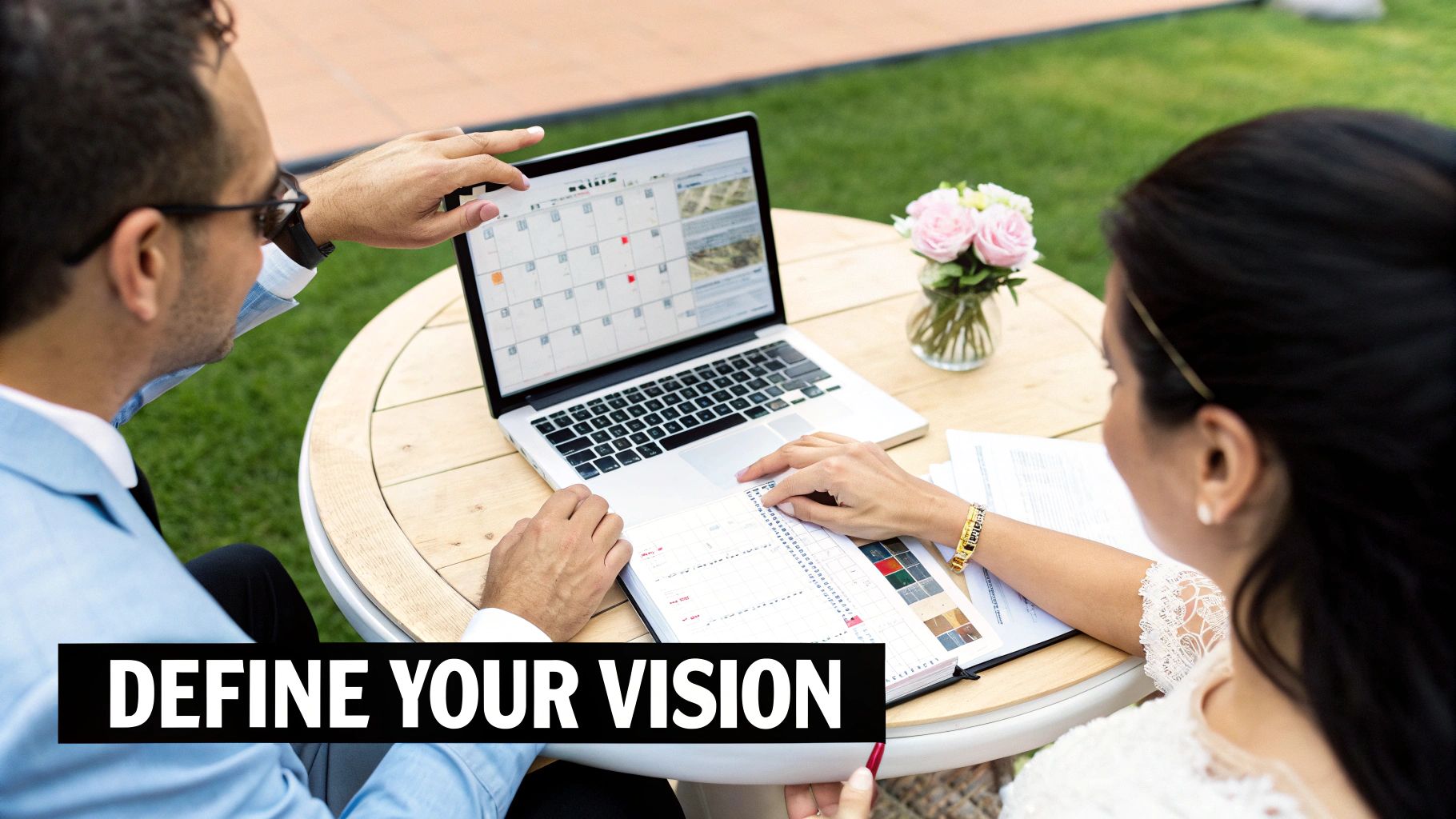 A bride and groom celebrating with their wedding party