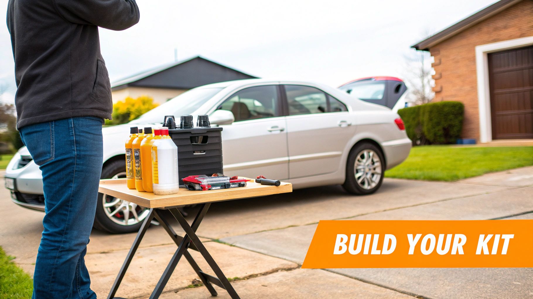 Person standing next to a table with car care kit items like oil and tools, beside a silver car.