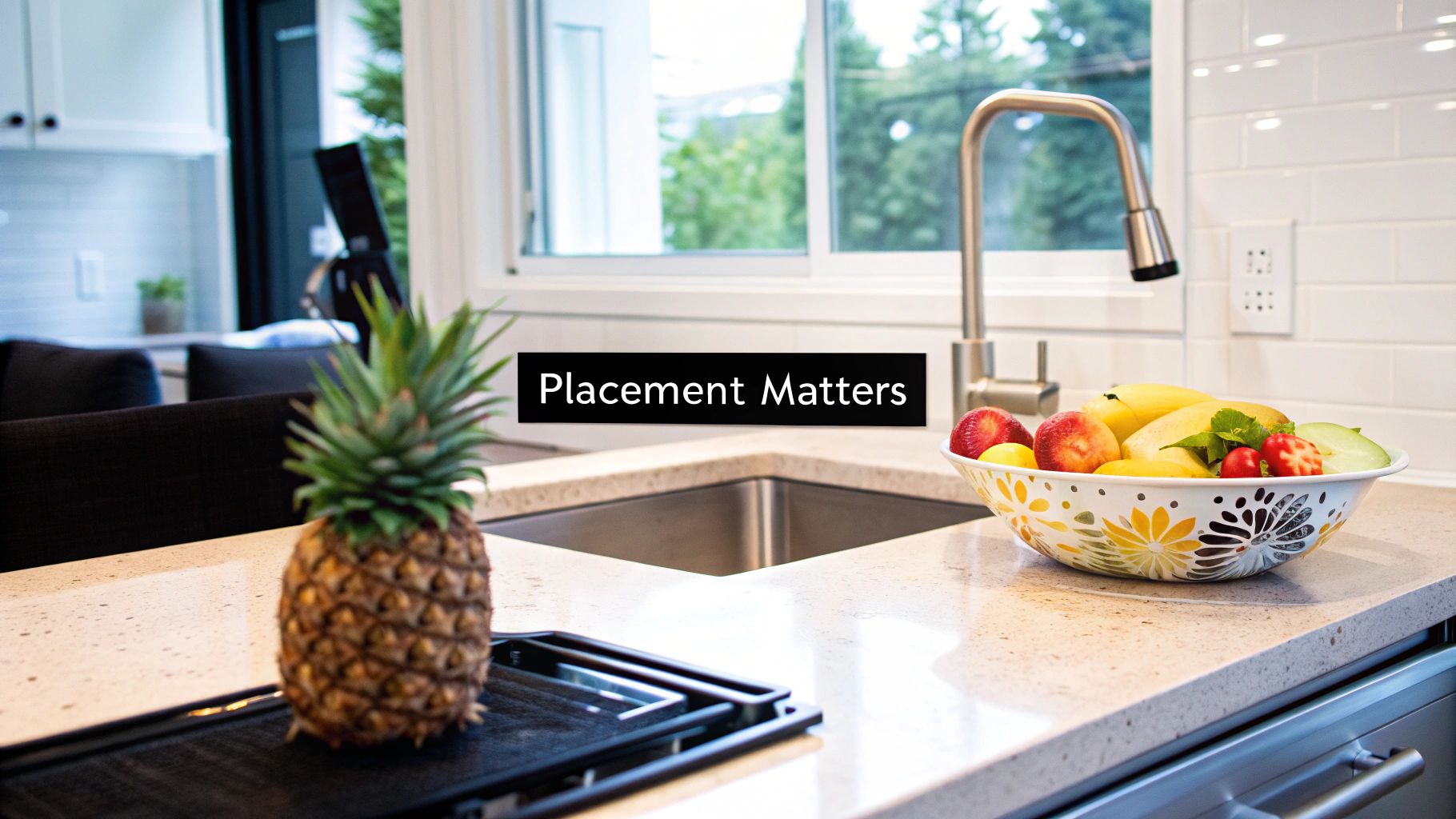 A modern kitchen counter with a sink, a pineapple, and a vibrant fruit bowl, emphasizing organized placement.