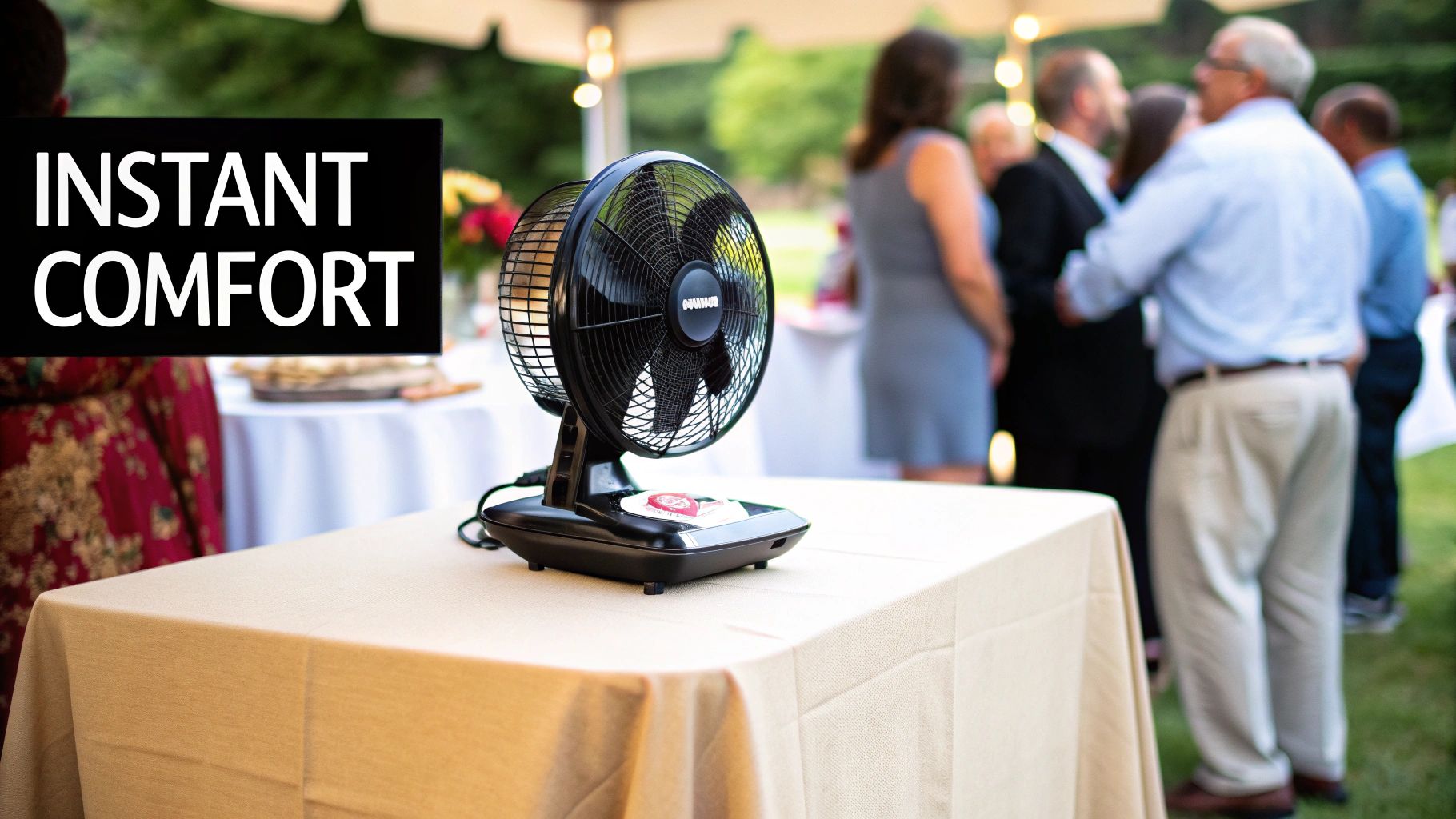 Black portable fan on outdoor event table providing instant comfort for guests at garden party